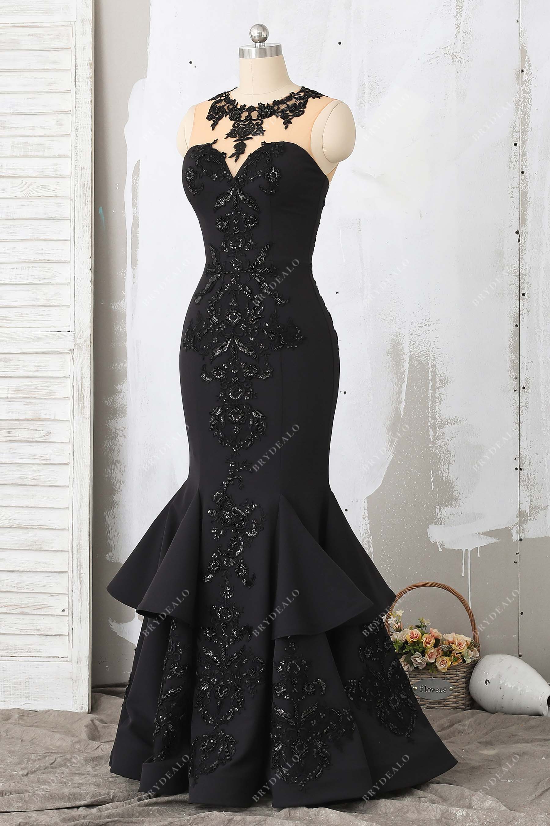 trumpet black satin illusion prom dress