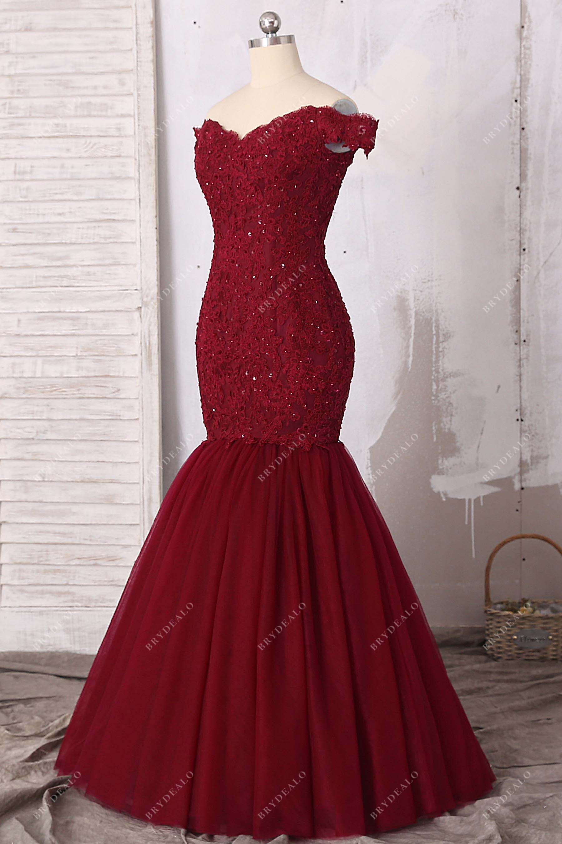 trumpet tulle lace off-shoulder gown