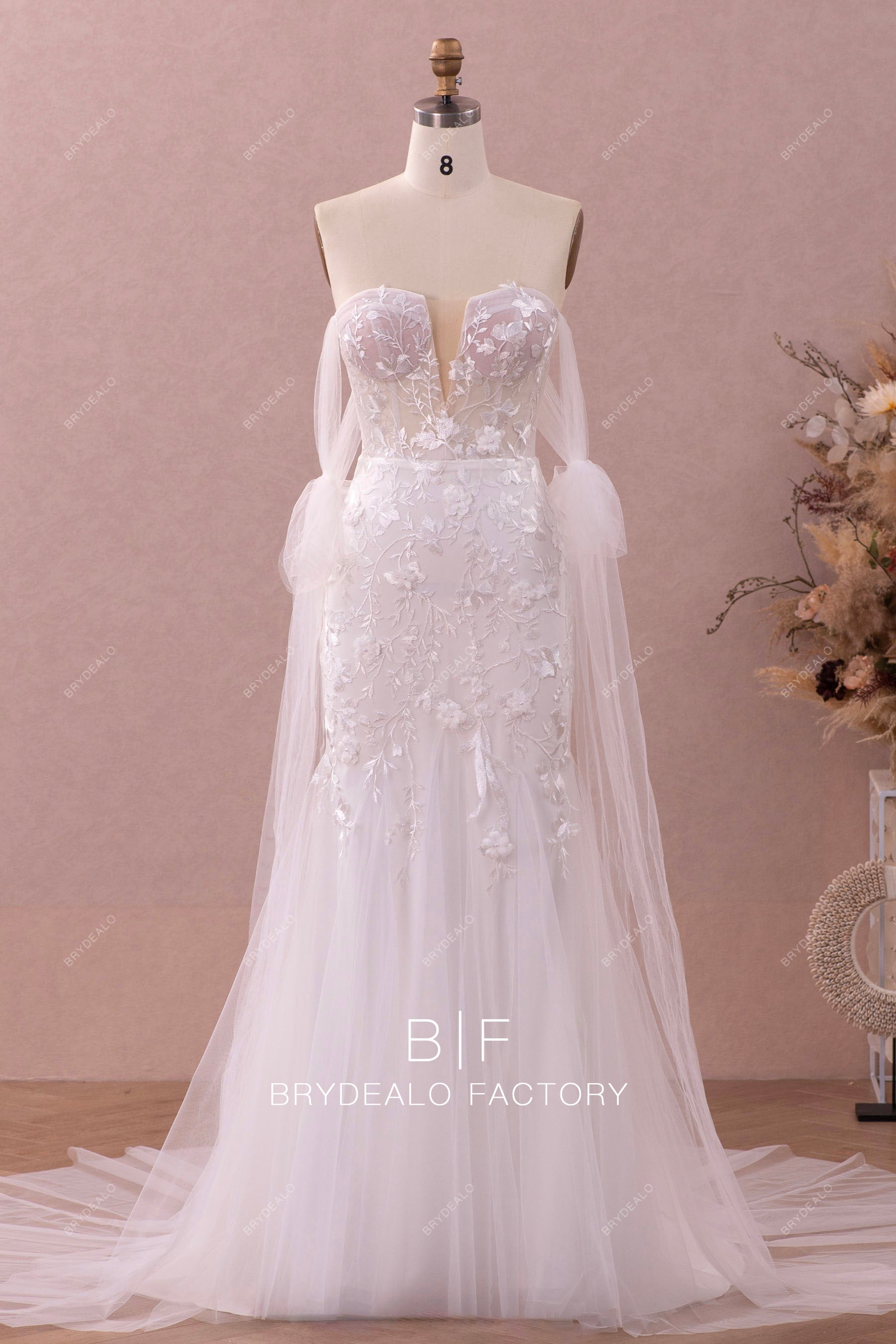 tulle off shoulder panels mermaid lace wedding dress