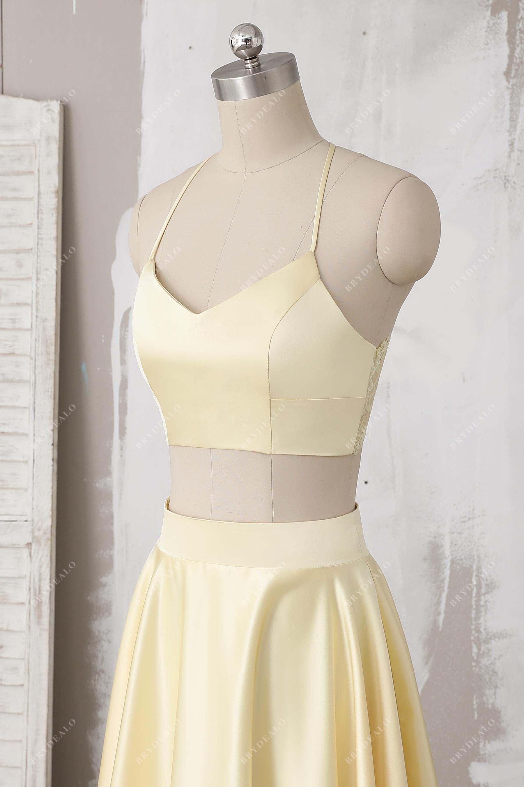 two-piece halter satin prom gown