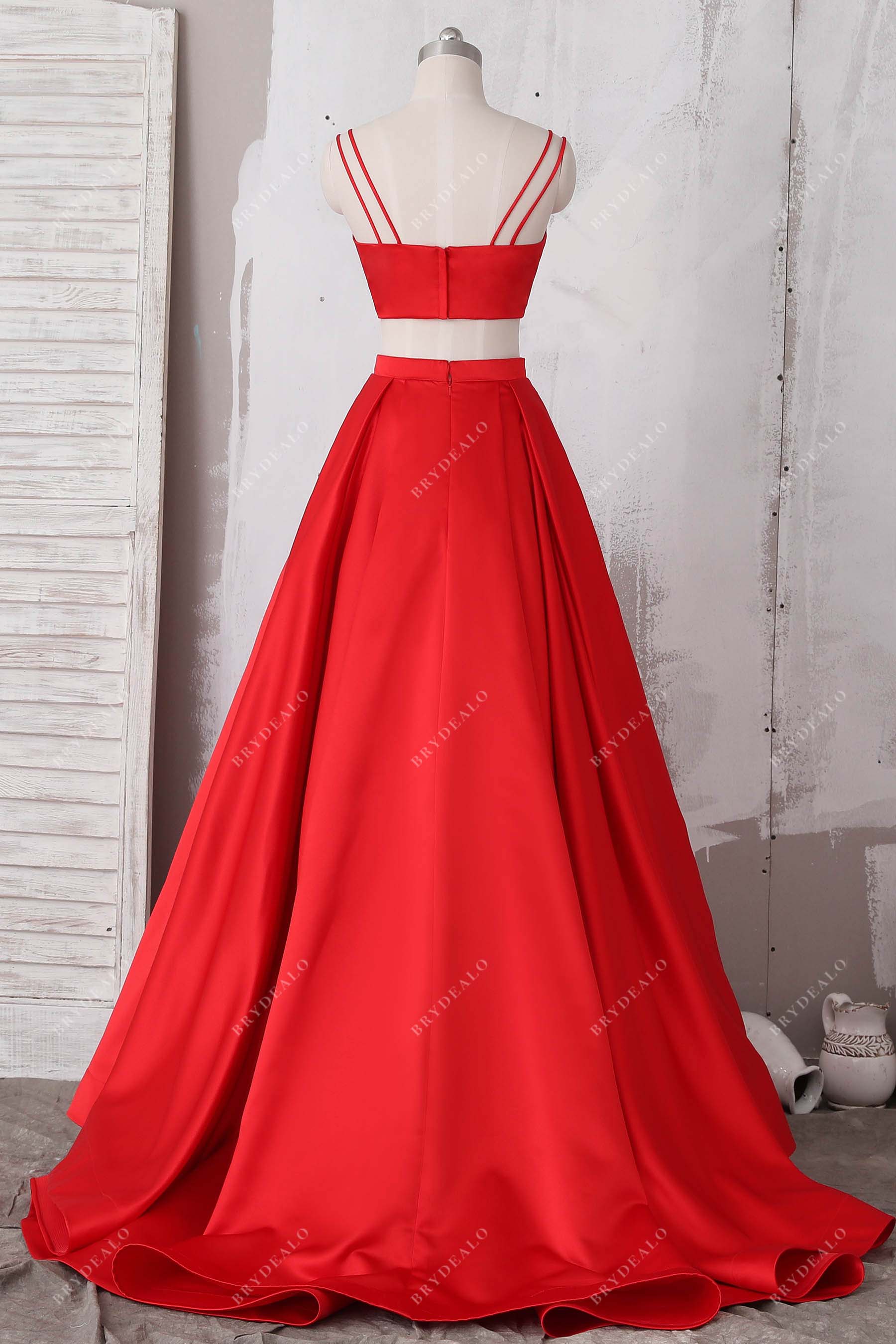 two-piece satin red prom gown