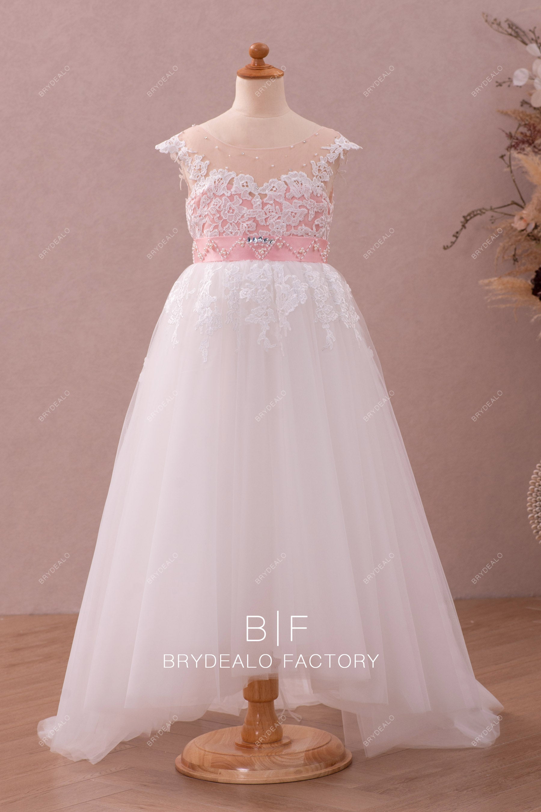 two tone lace beaded high low flower girl dress