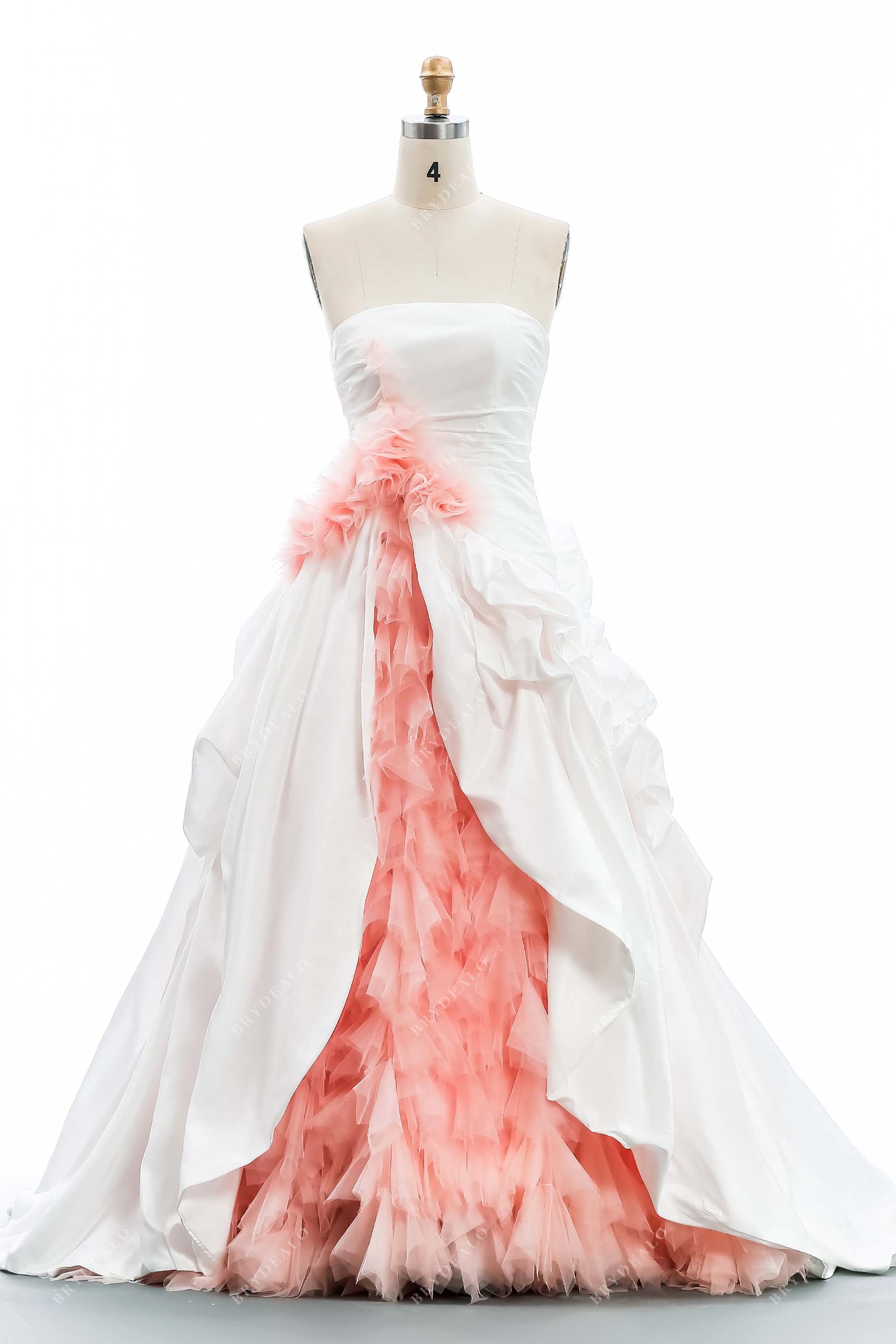 two-tone ruched strapless ivory taffeta pink tulle pick-up wedding gown