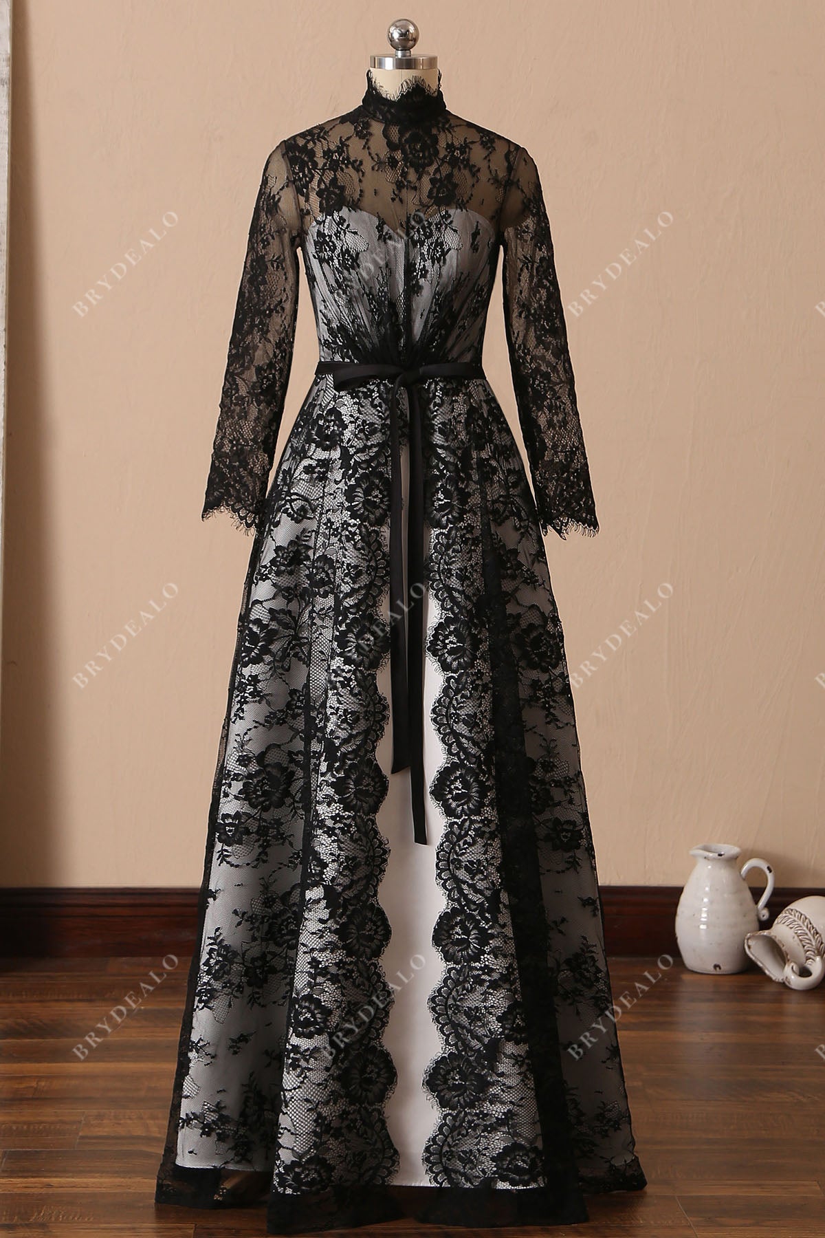 Unique Black Lace Gothic A-line Bridal Dress Black