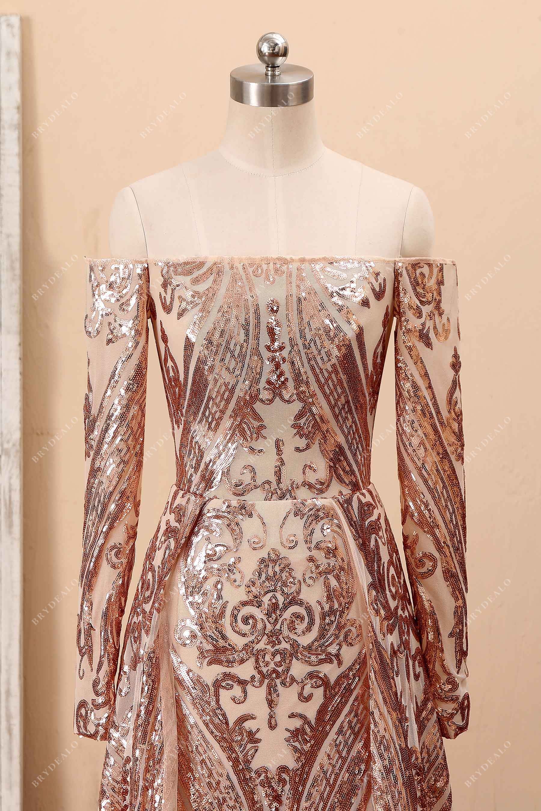 unique sequin champagne gold off-shoulder prom dress