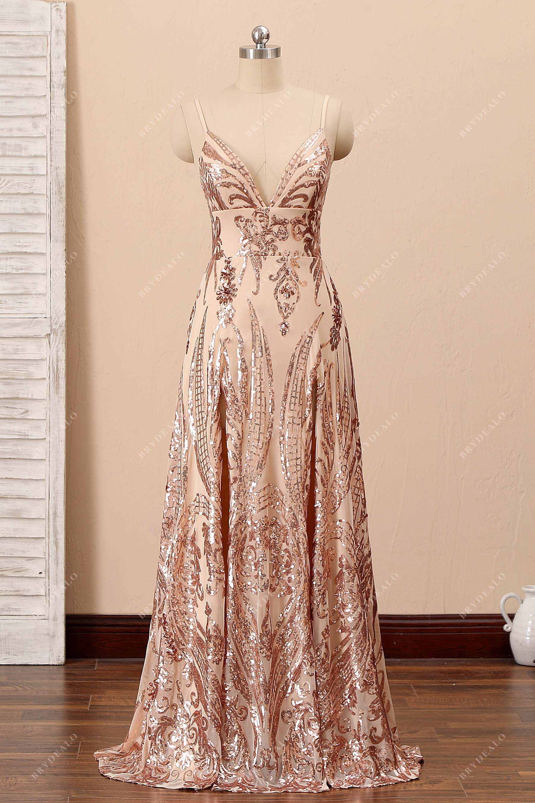unique sequin champagne gold thin straps prom gown