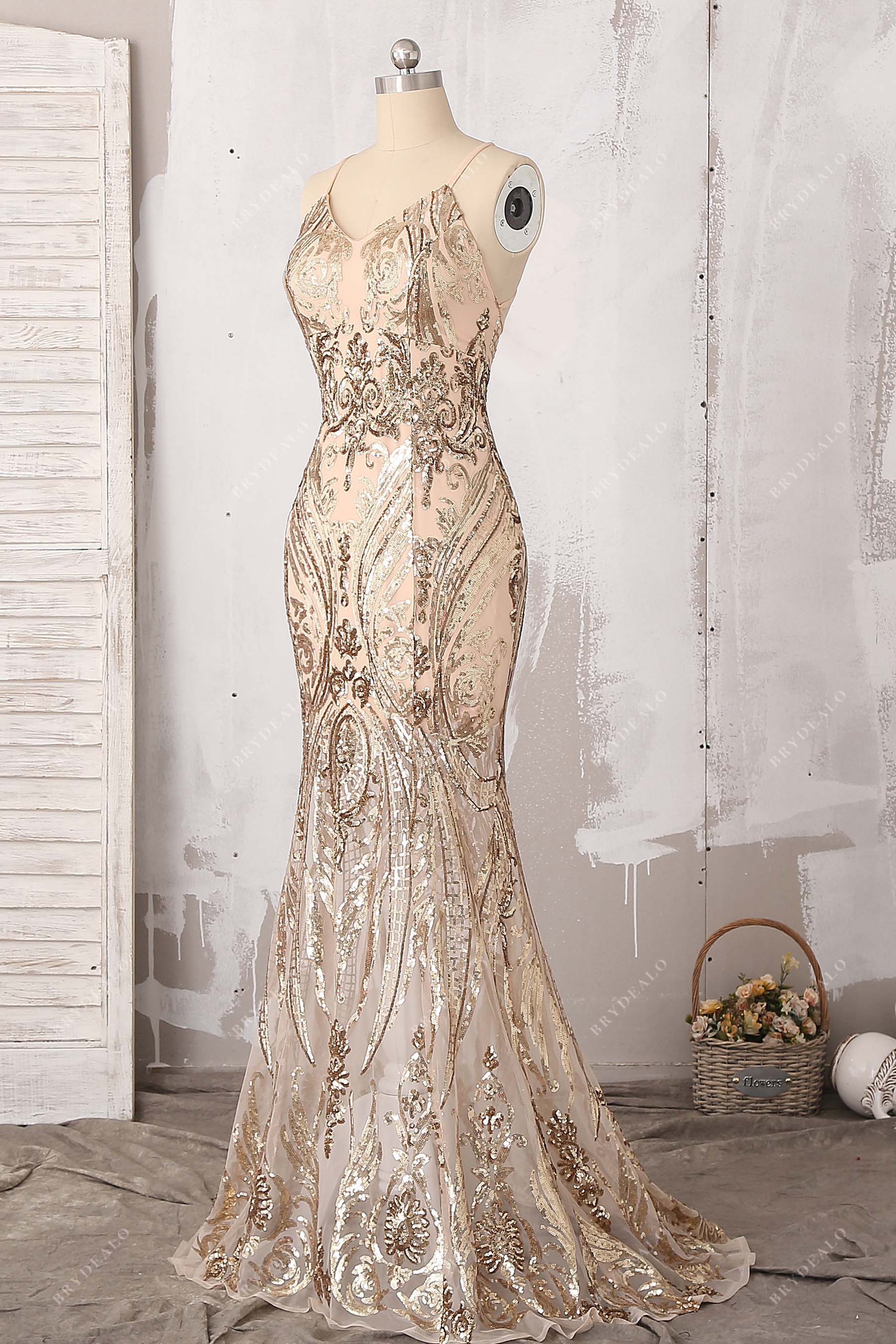 unique thin straps mermaid gold prom dress