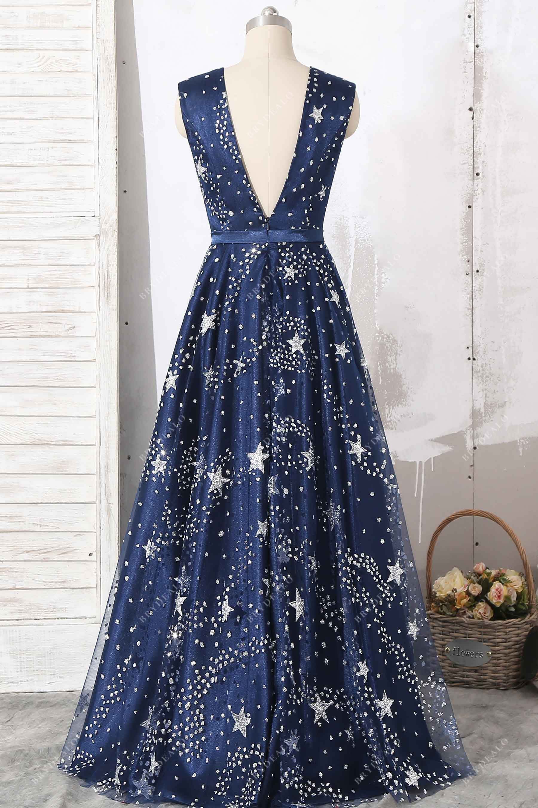 V-back glitter stars navy tulle formal gown
