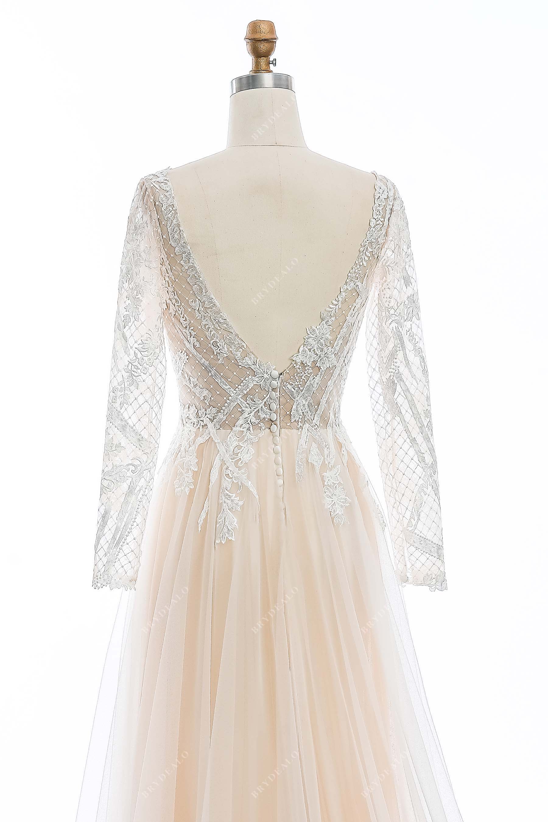 V-back sheer sleeves bridal gown