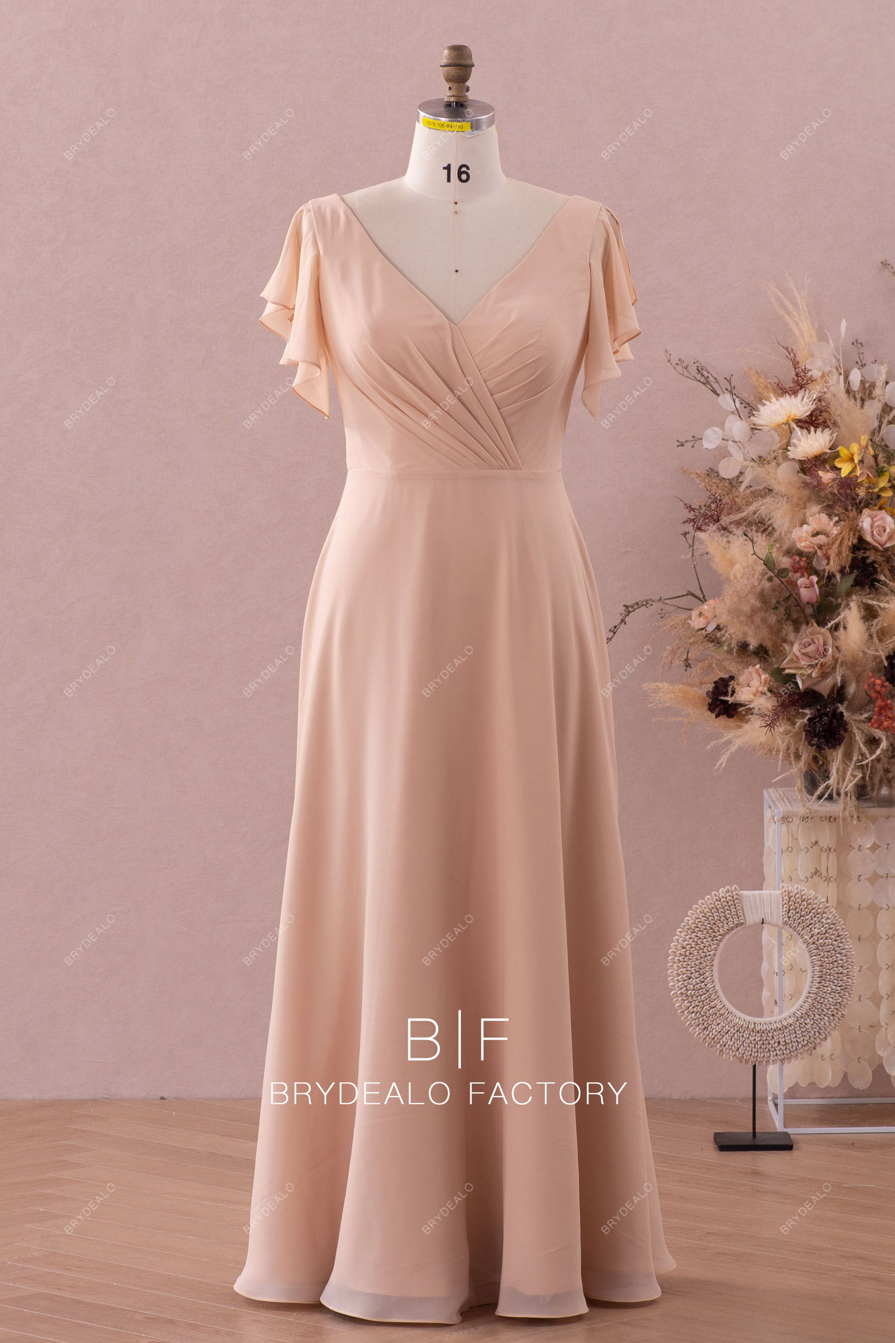 v-neck floor length chiffon formal dress