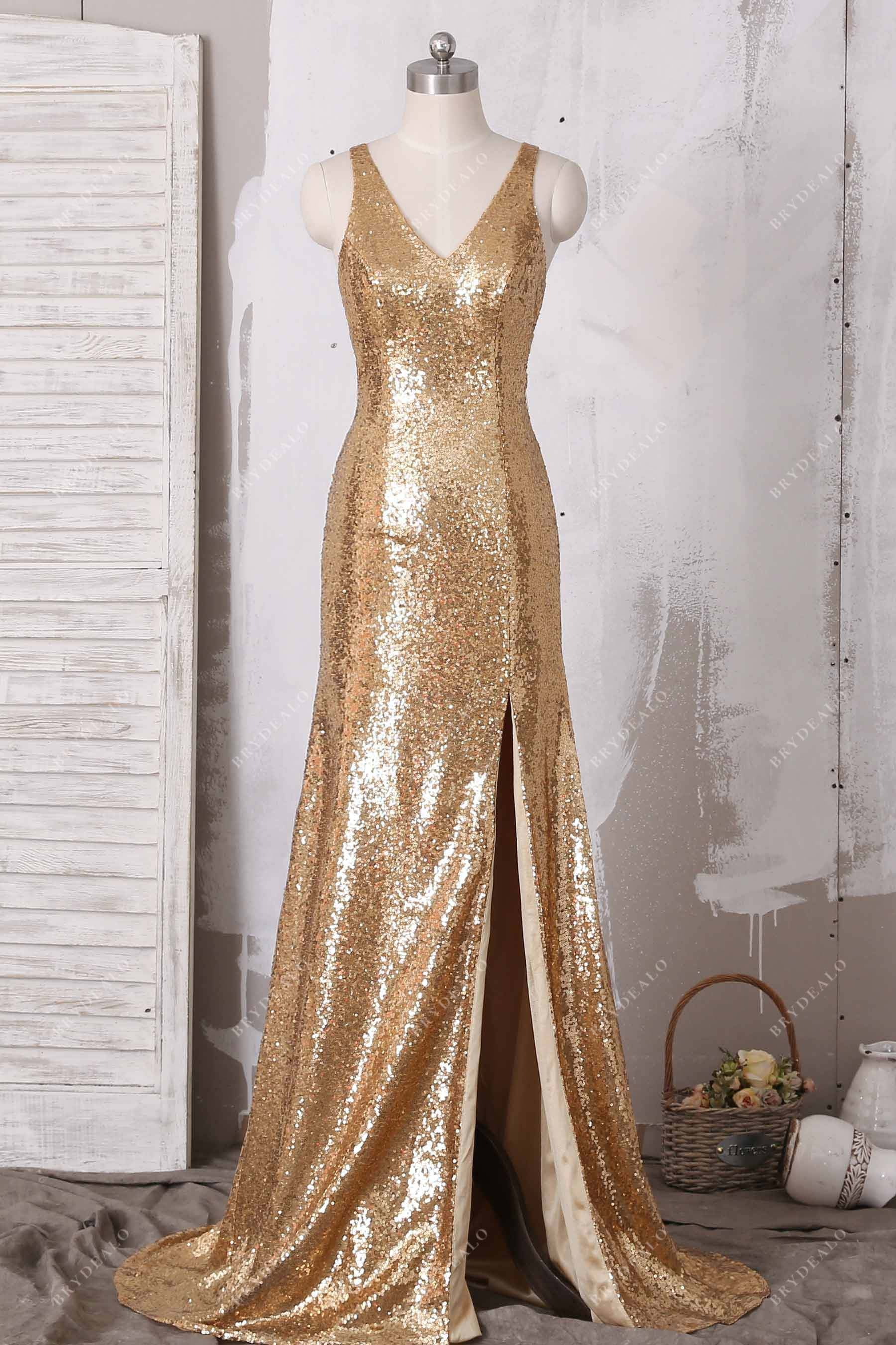 V-neck gold slit mermaid prom dress