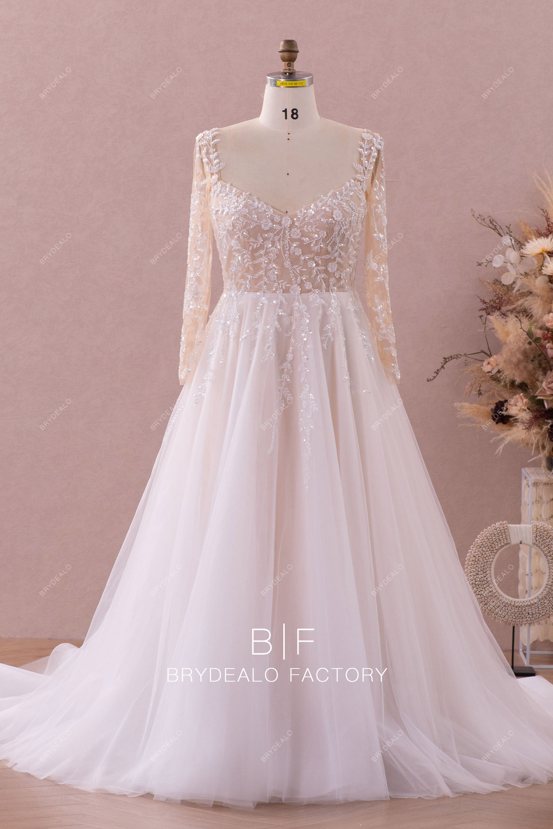 Luxury Illusion Sleeved Lace A-Line Wedding Dress Light Ivory
