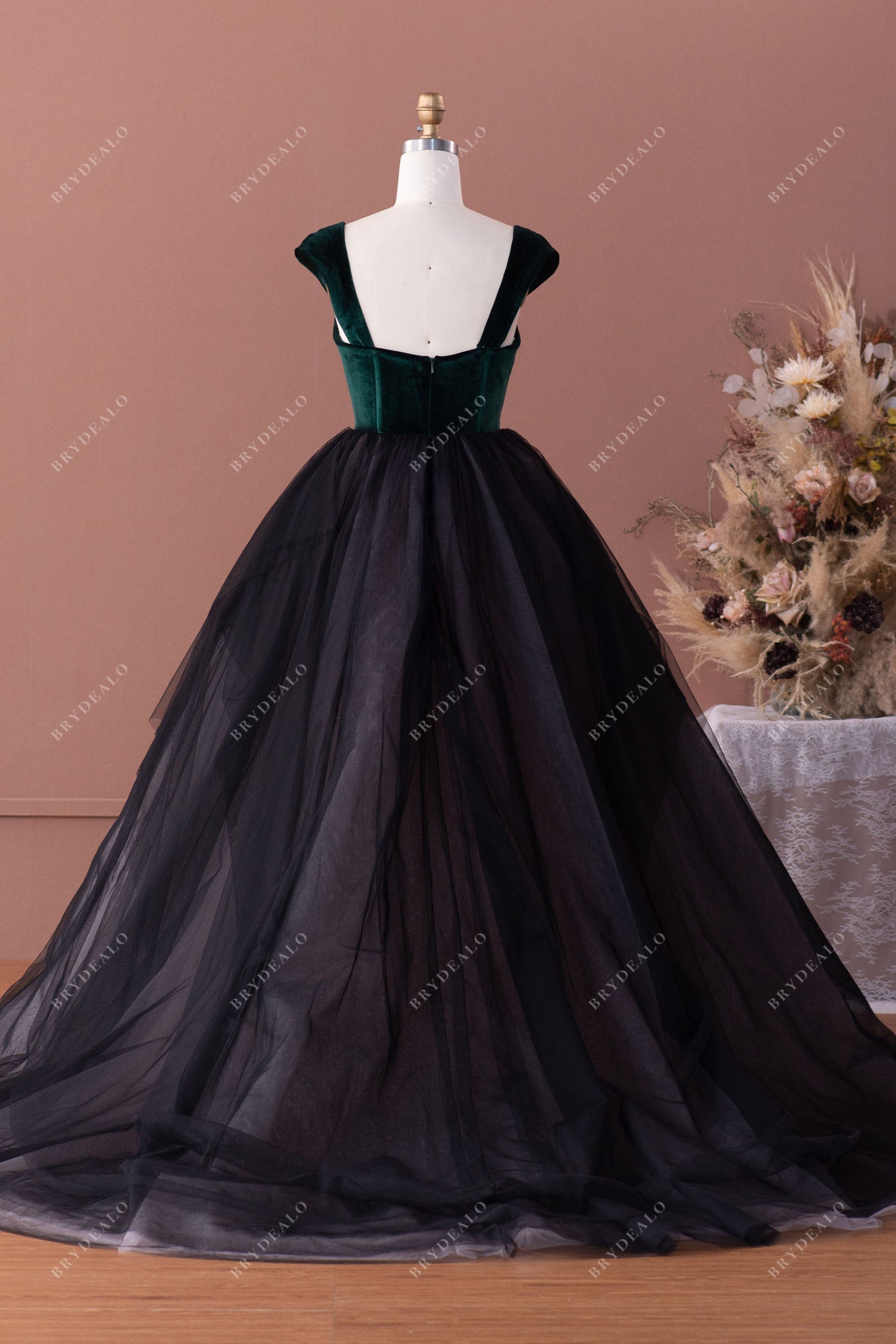 Velvet Cap Sleeves Tulle Colored Ballgown Wedding Dress