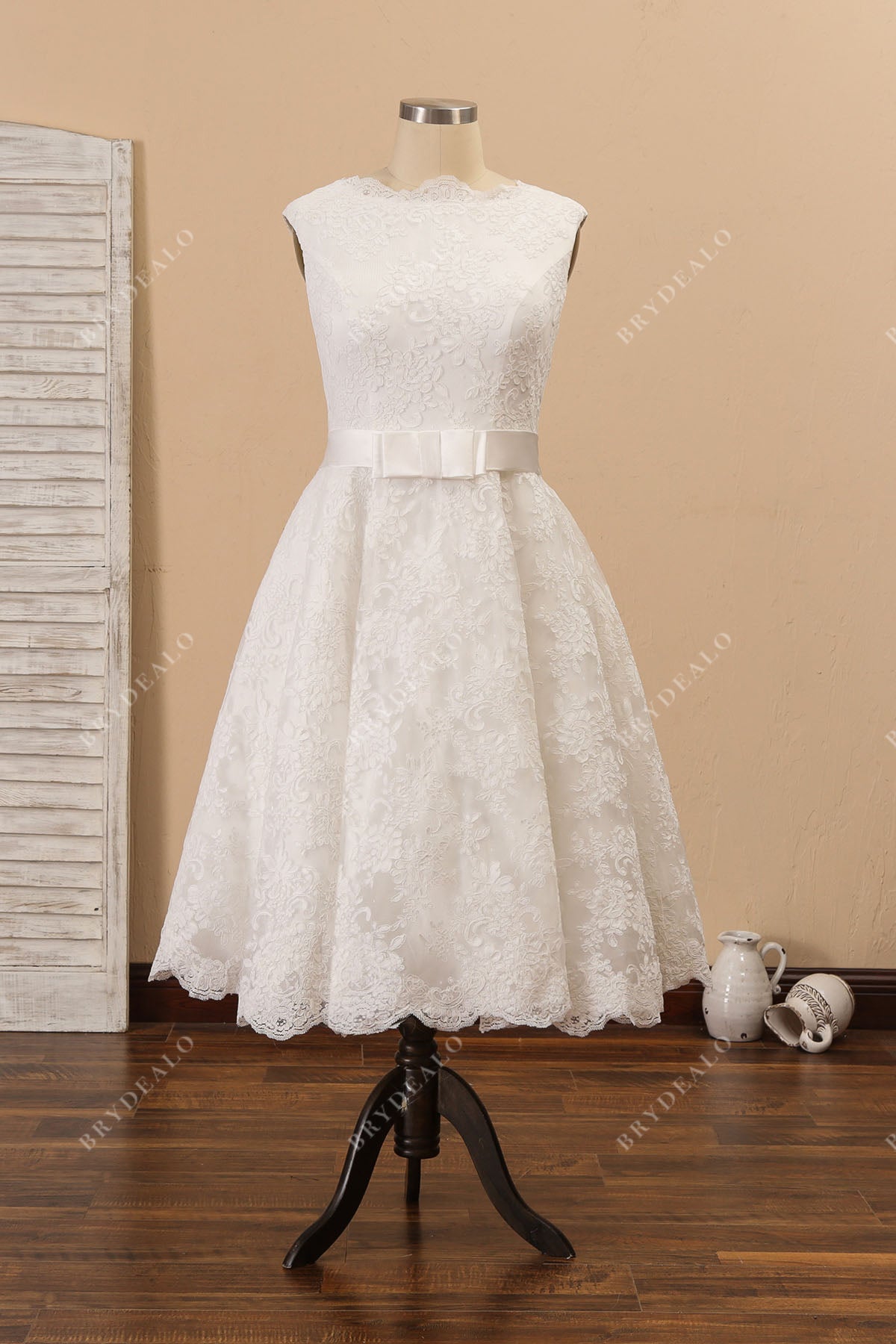 vintage ivory botanic lace scalloped tea length cap sleeve A-line wedding gown