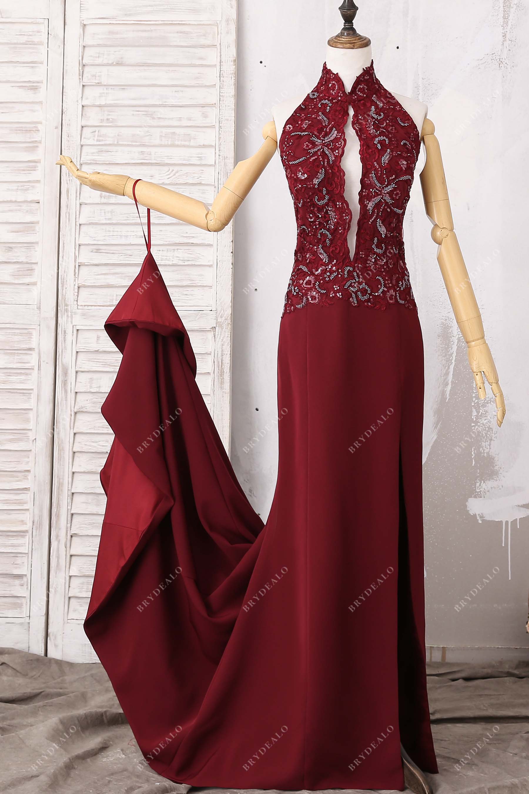 vintage sequined lace burgundy high neck mermaid dress