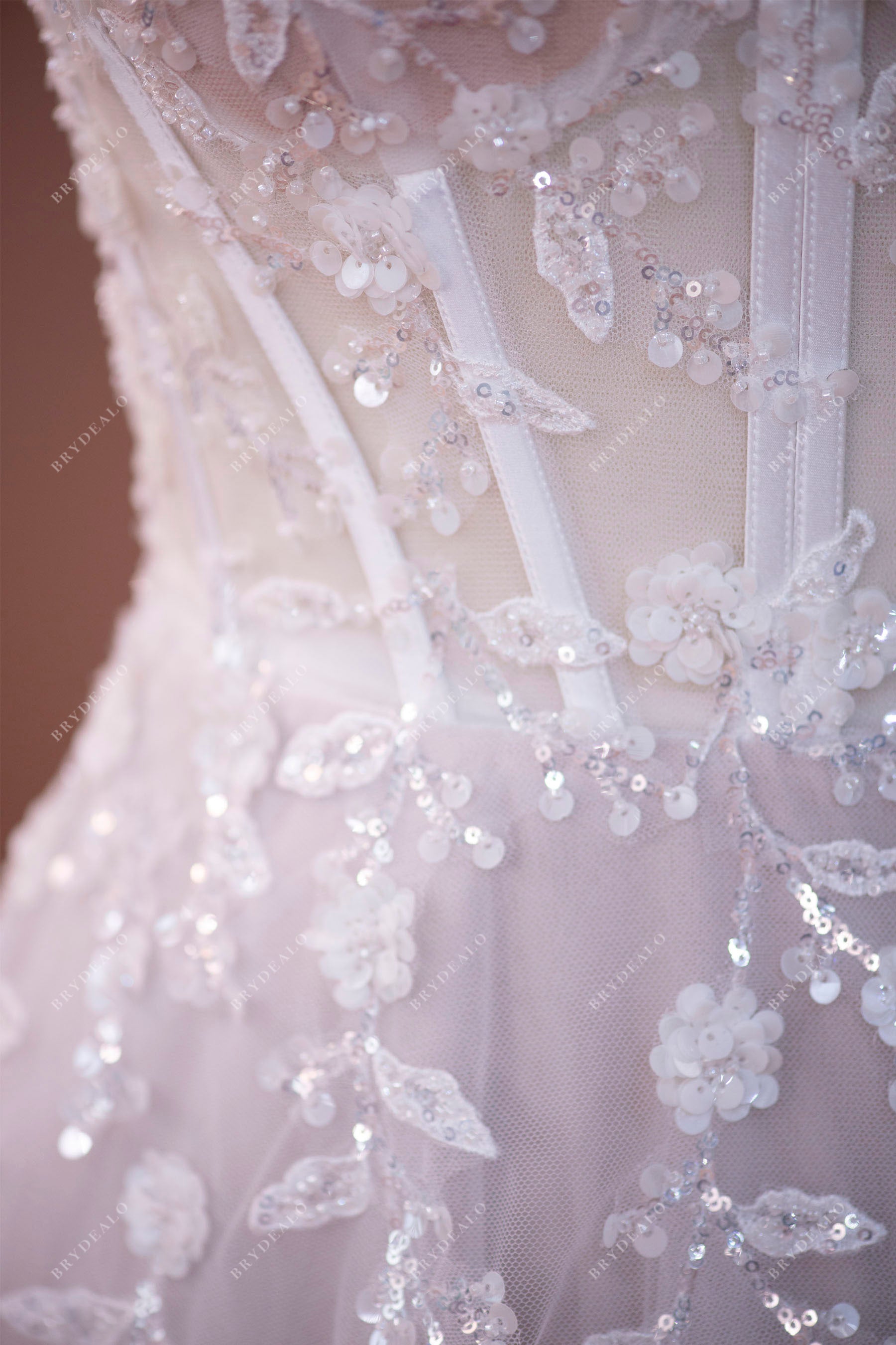 visible boning corset straps sequined flower lace sweep train wedding dress