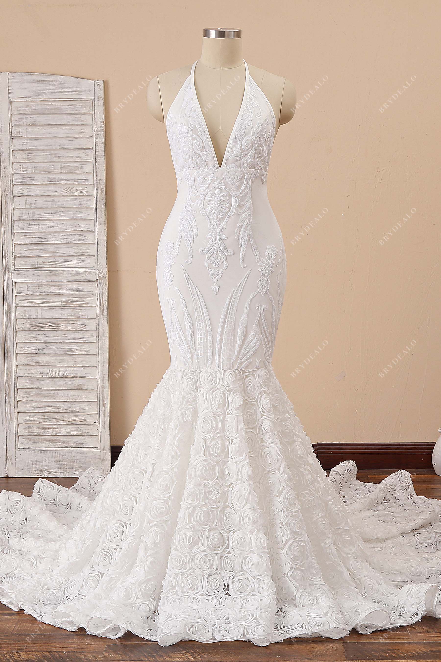 White Sequin & 3D Rose Halter Mermaid Prom Dress