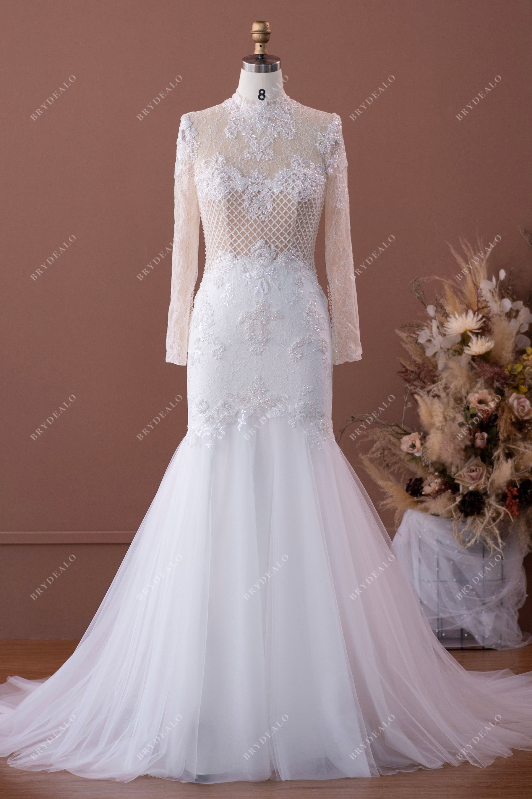 Luxury Illusion High Neck Beaded Lace Wedding Dress Luxury Illusion High Neck Beaded Lace Wedding Dress