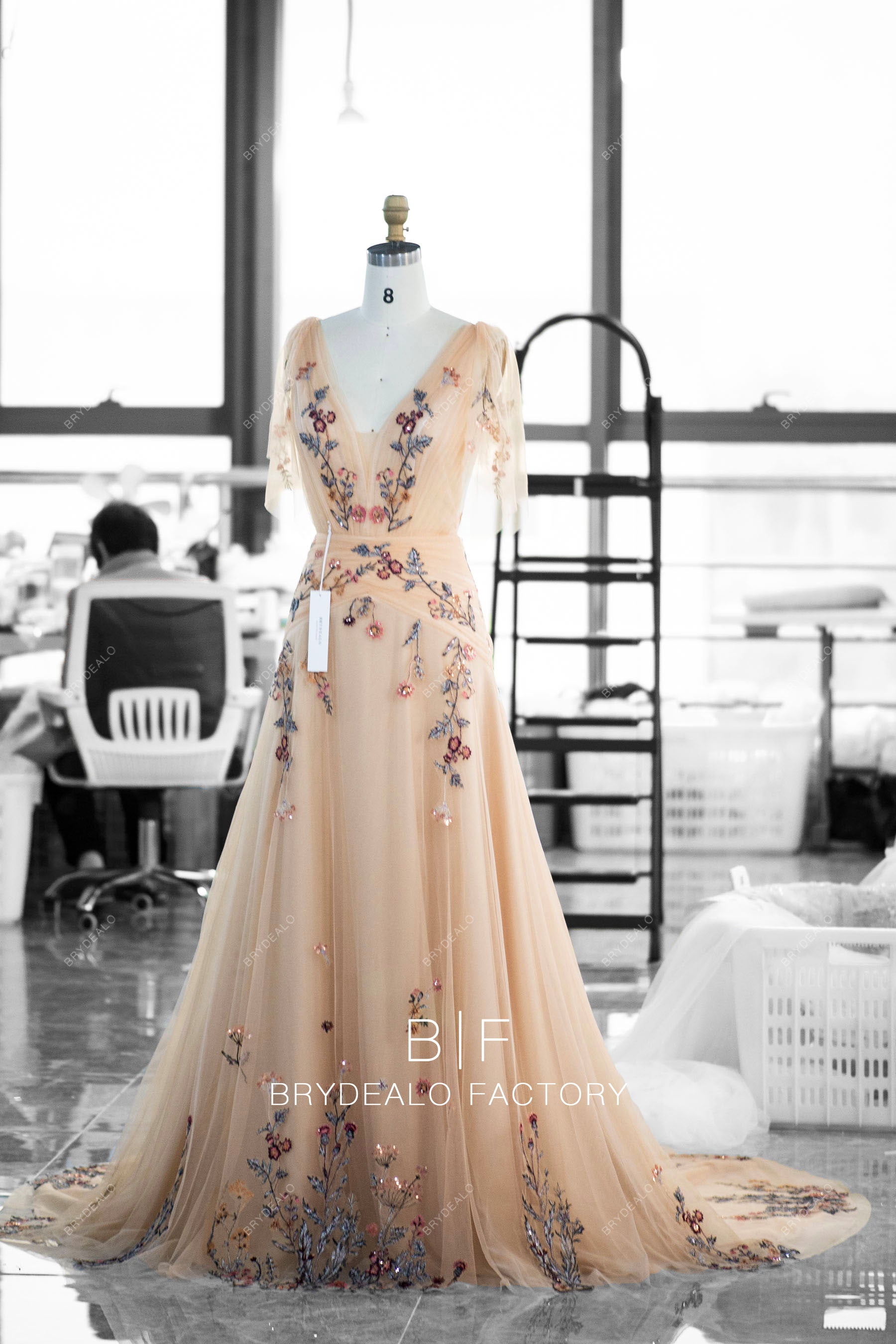 Boho Colored Flower Lace Fit Flare Wedding Dress