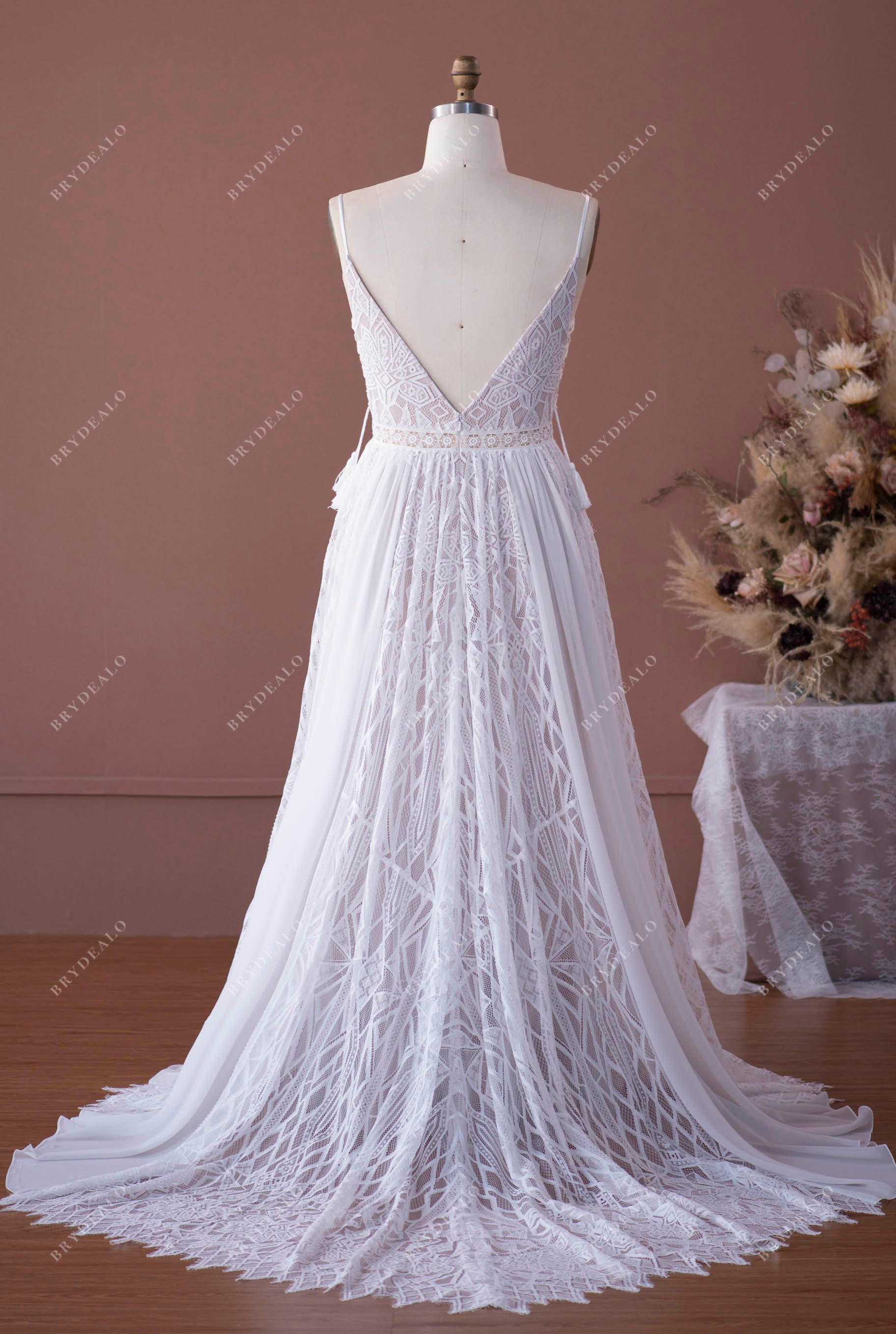 Plus Size Lace Chiffon Boho Beige A-line Wedding Dress
