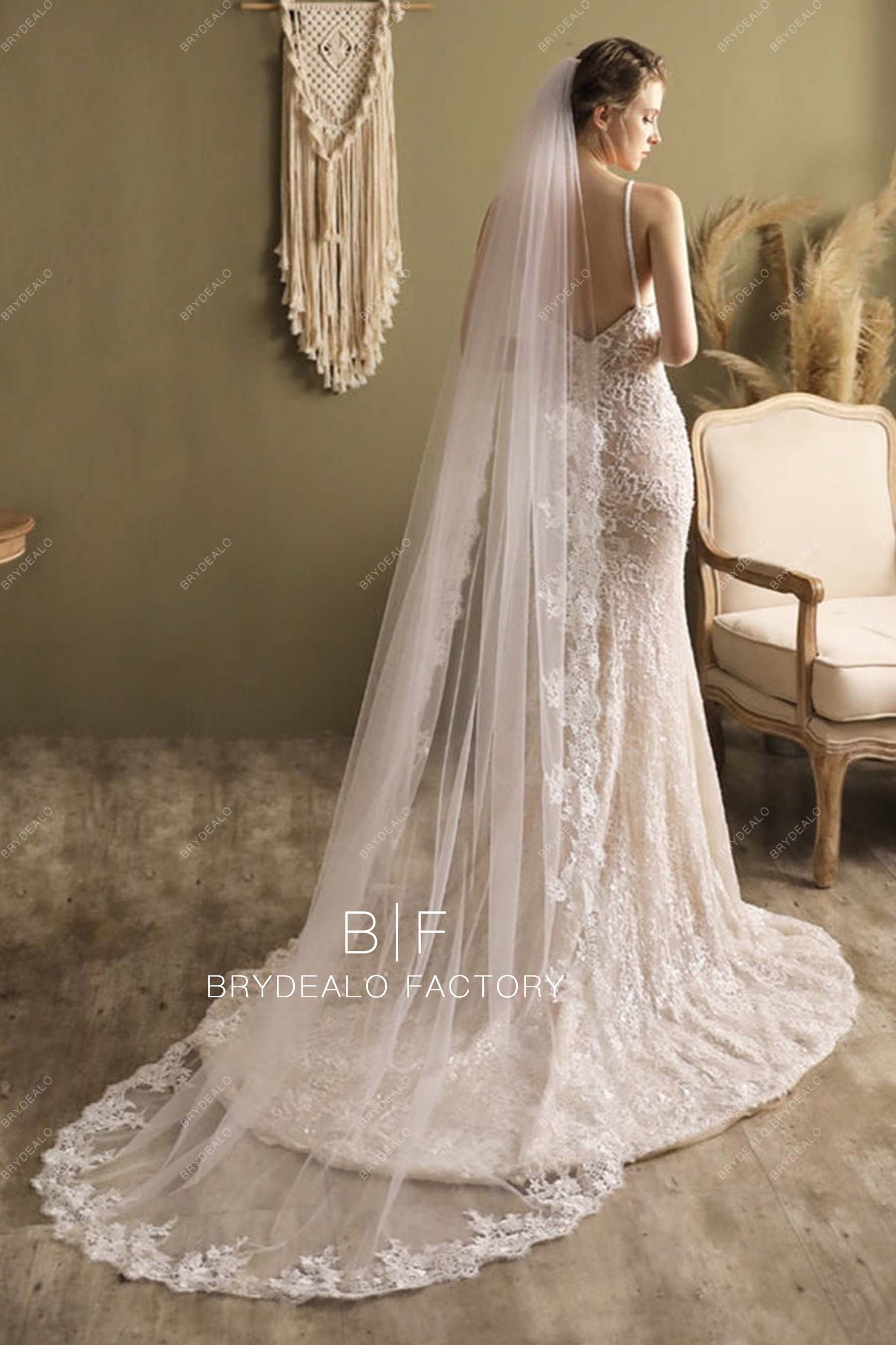 Wholesale Chapel Length Veil Floral Lace Trim Bridal Veil
