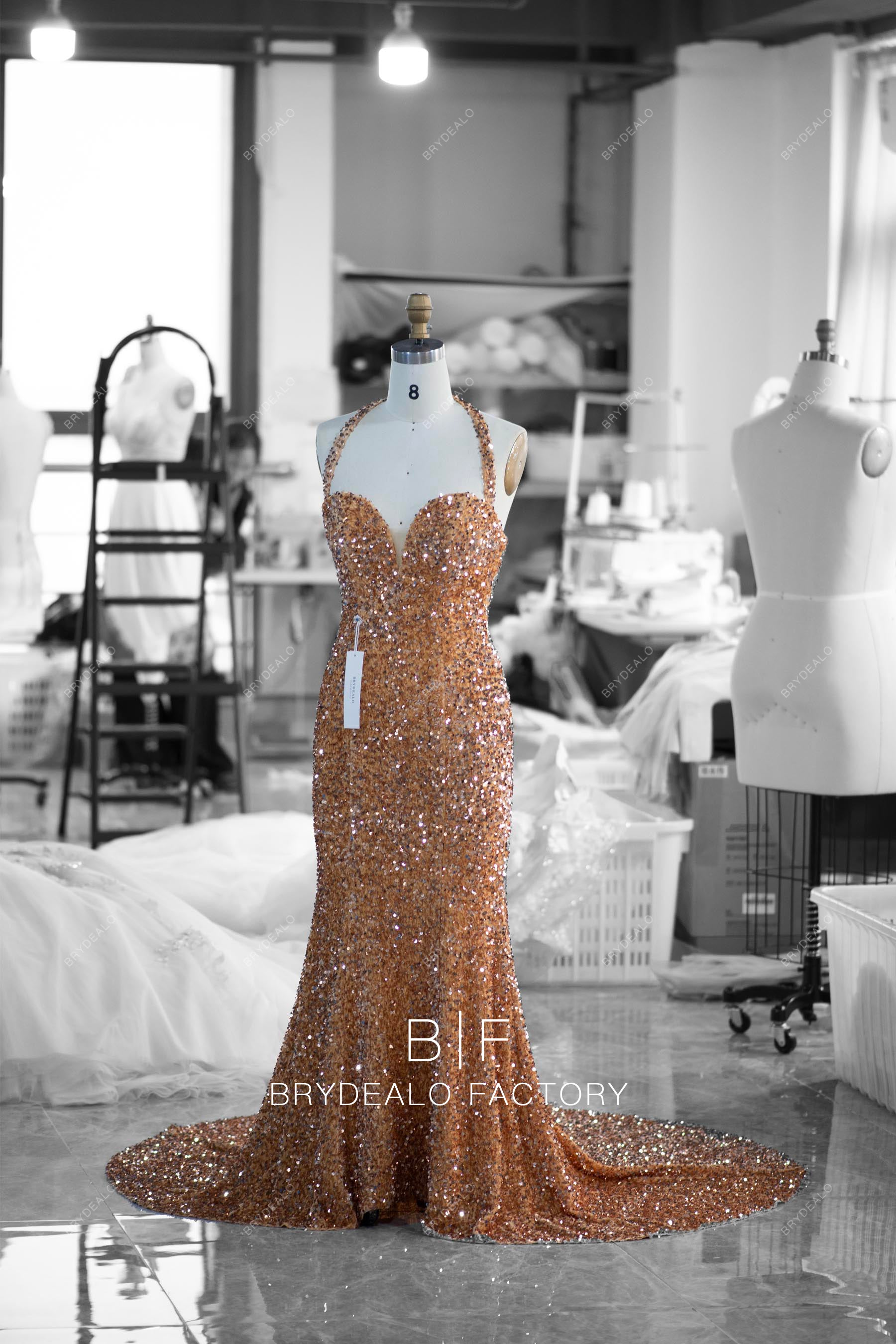 wholesale gold halter mermaid prom dress