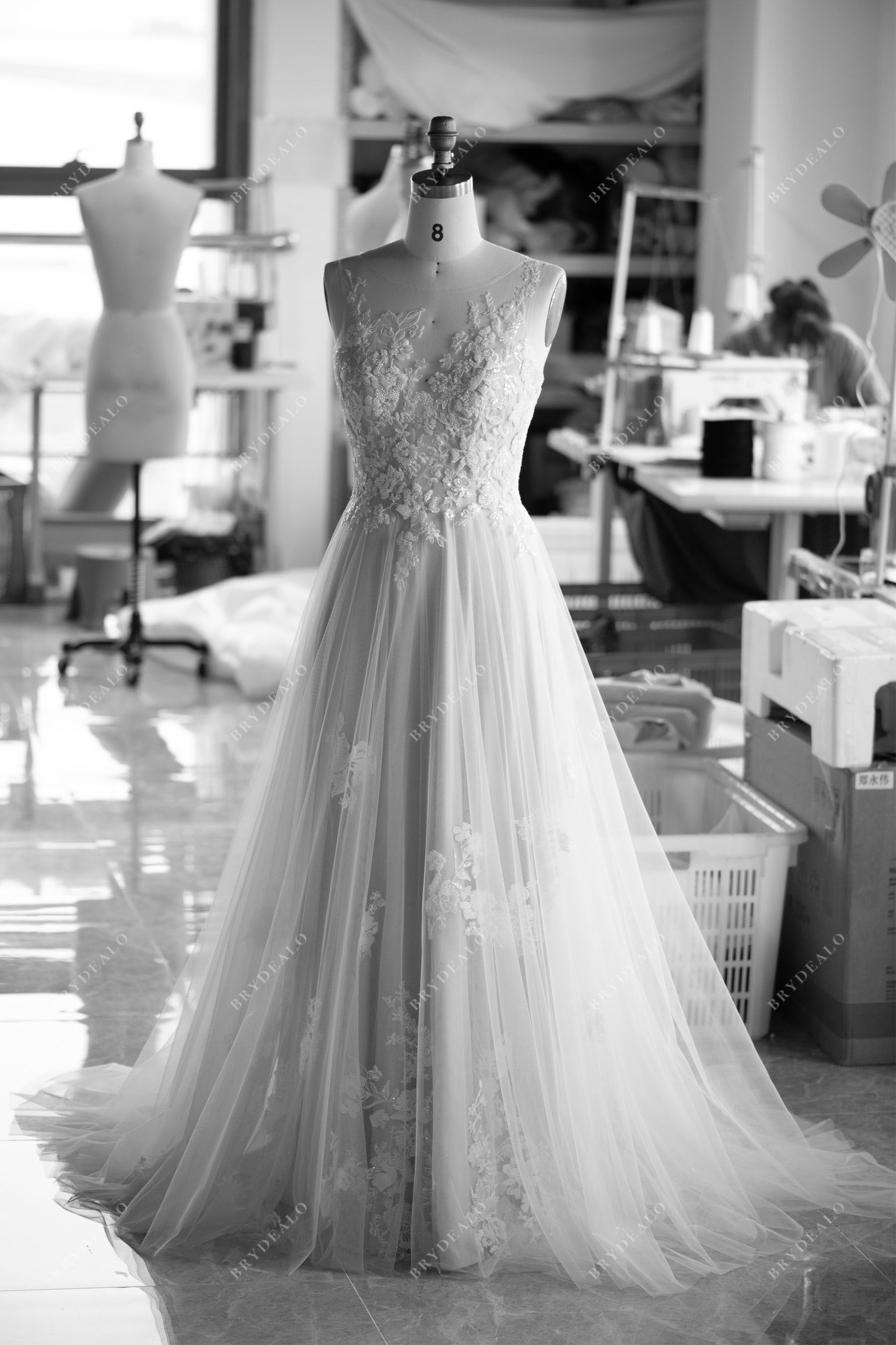 wholesale illusion neck beaded lace beach wedding dress