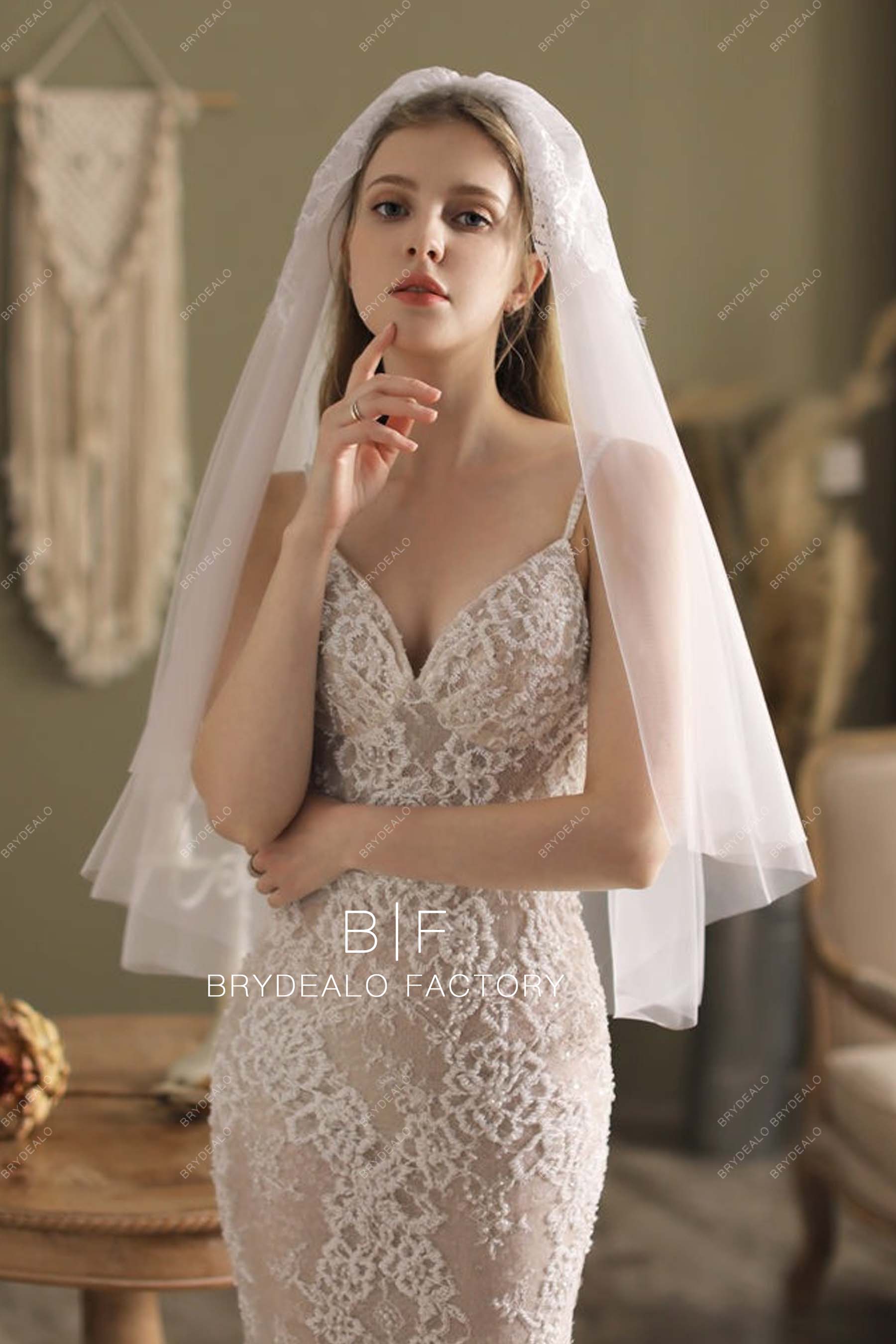 Wholesale Lace Adorned Raw Cut Veil