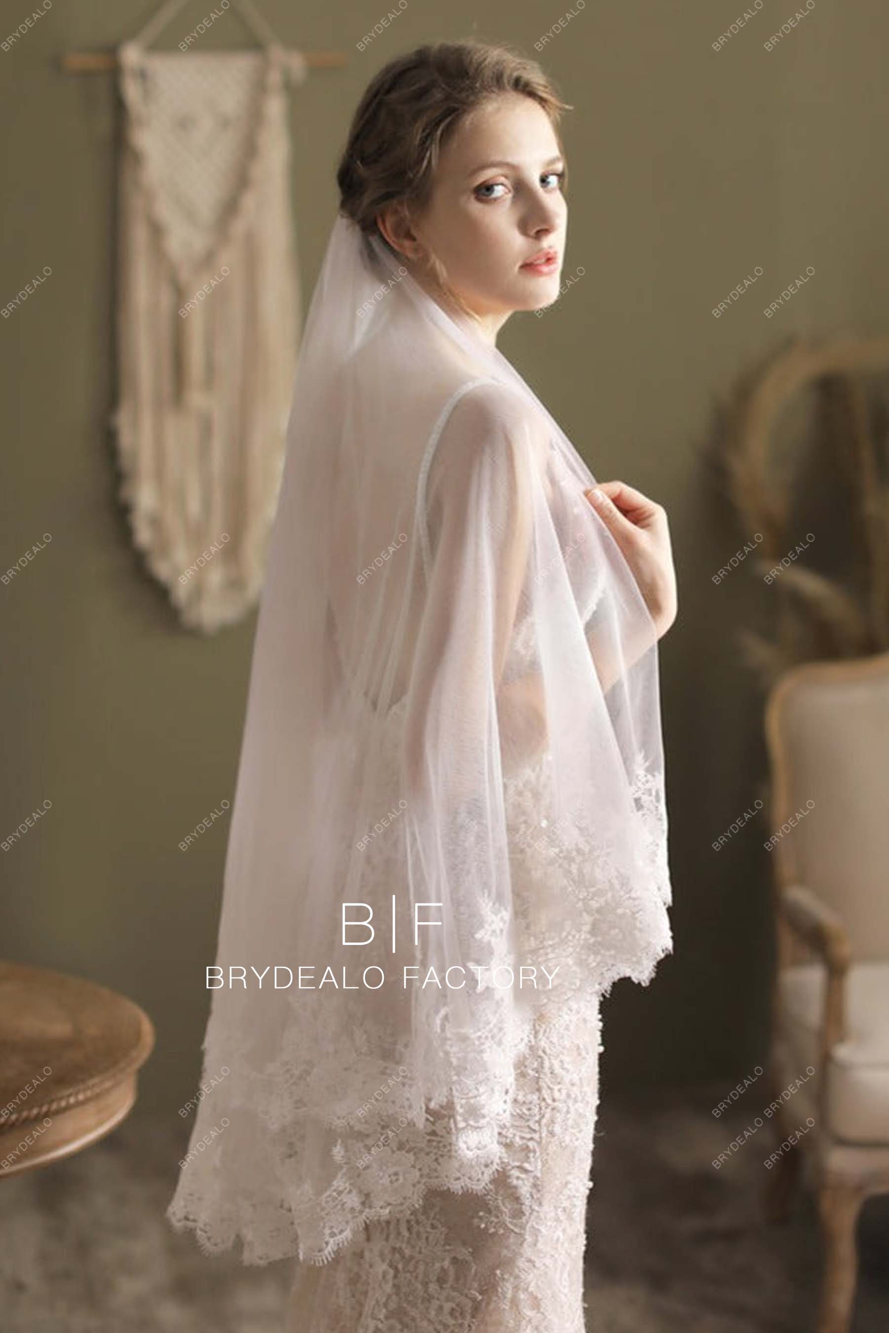 Two-Tiered Fingertip Length Bridal Veil Wholesale Lace Trim Wedding Veil
