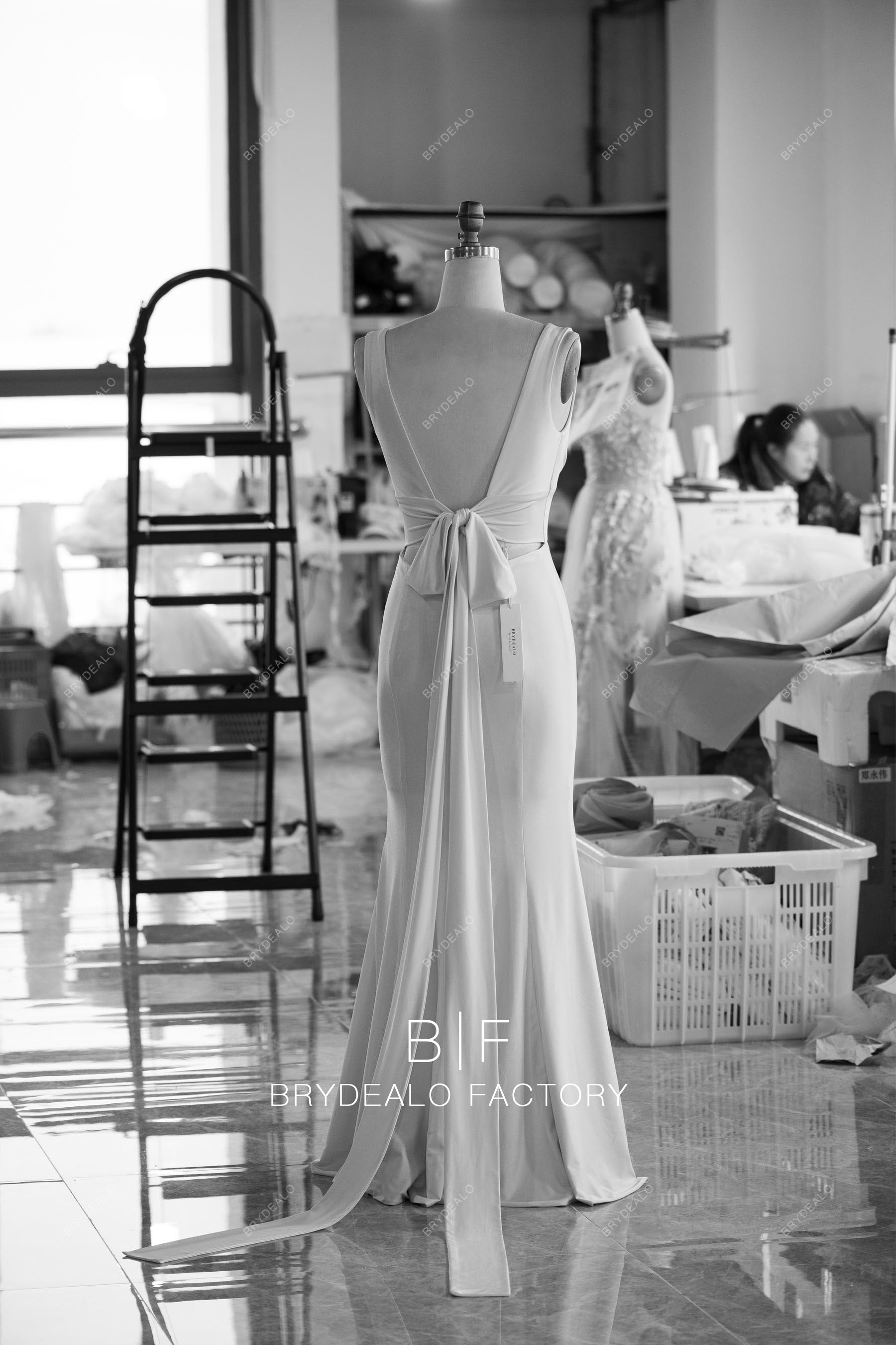 wholesale lace up back jersey bridesmaid dress