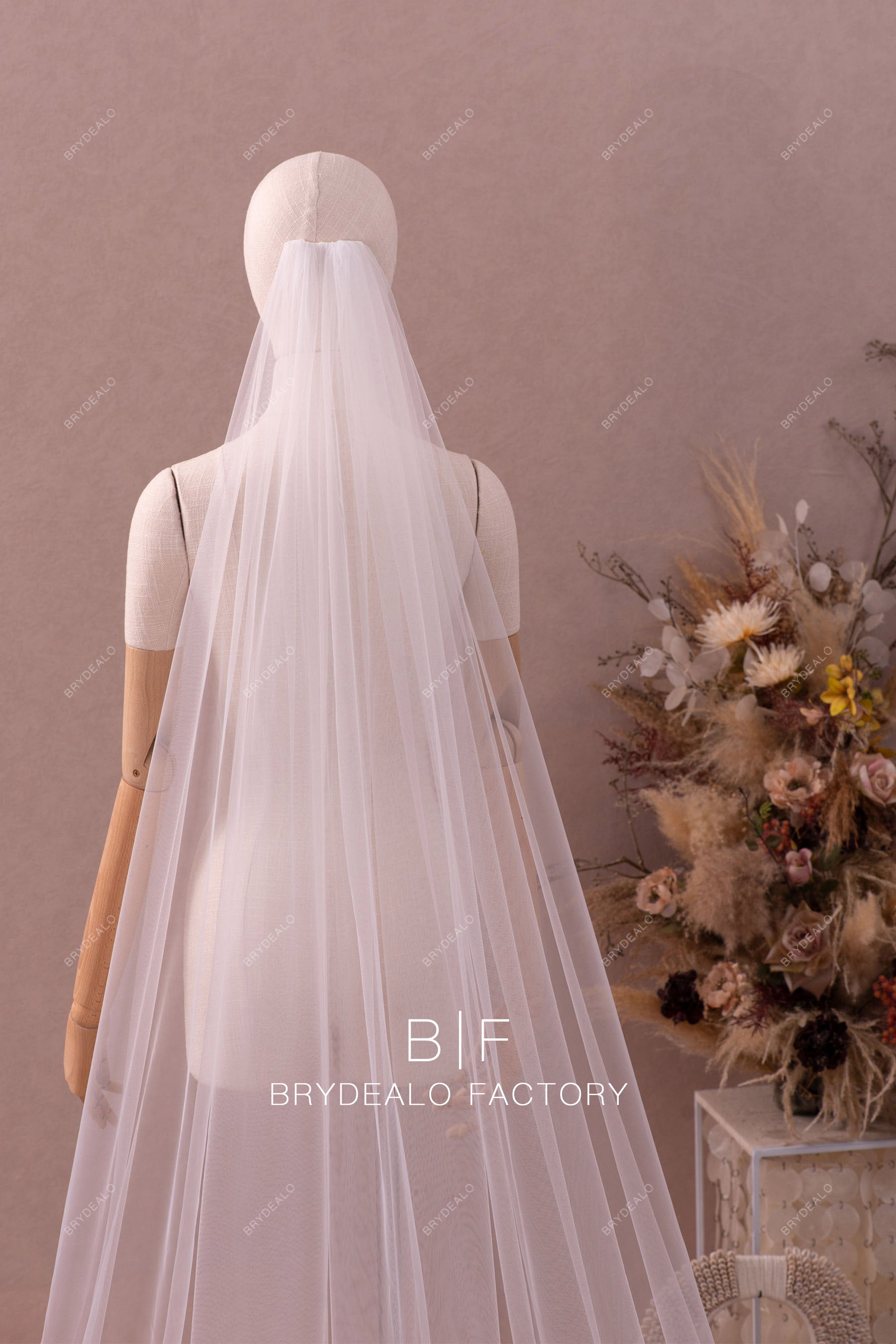 Lace Adorned Raw Cut Tulle Royal Train Wholesale Wedding Veil