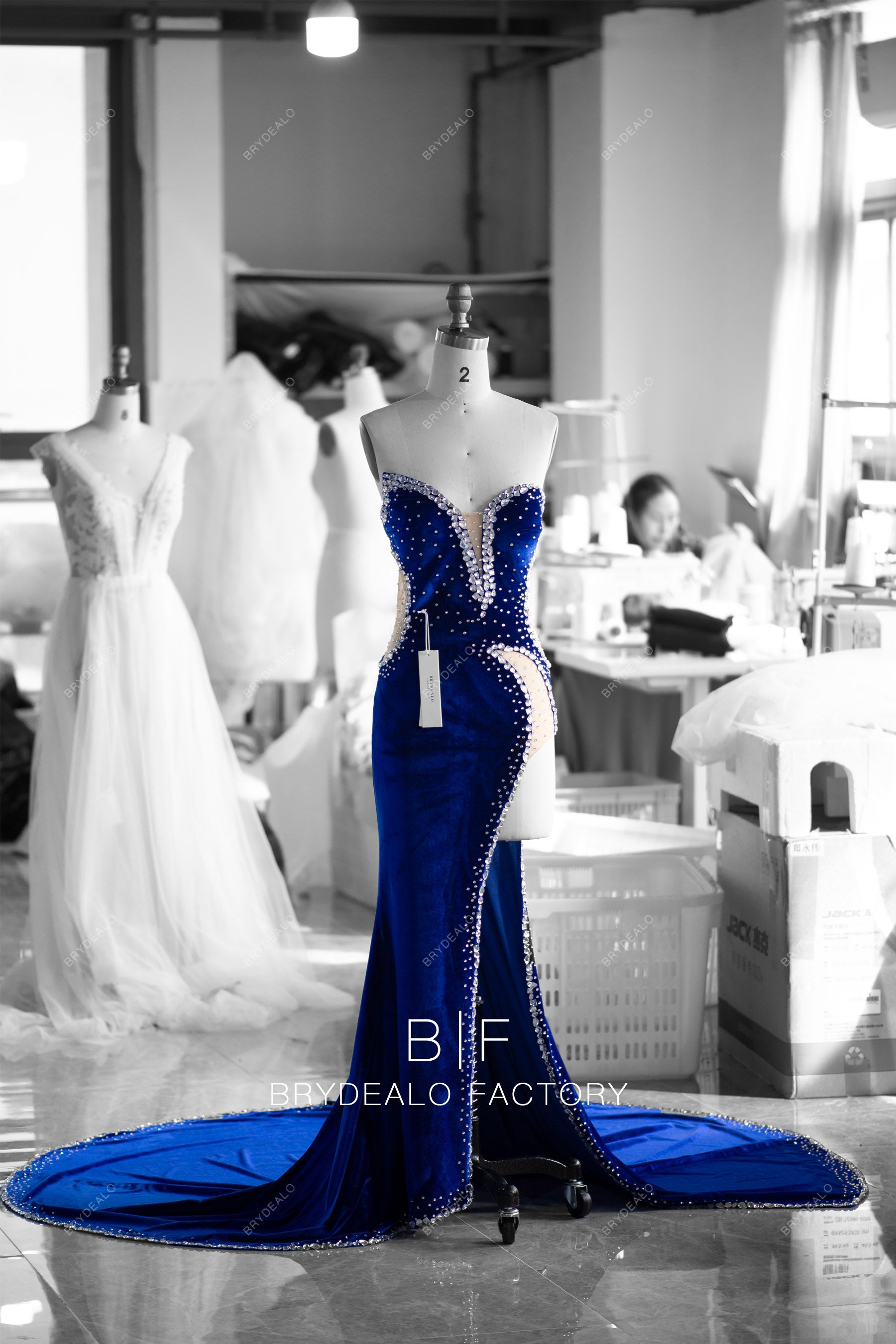 wholesale sexy royal blue velvet rhinestone prom dress