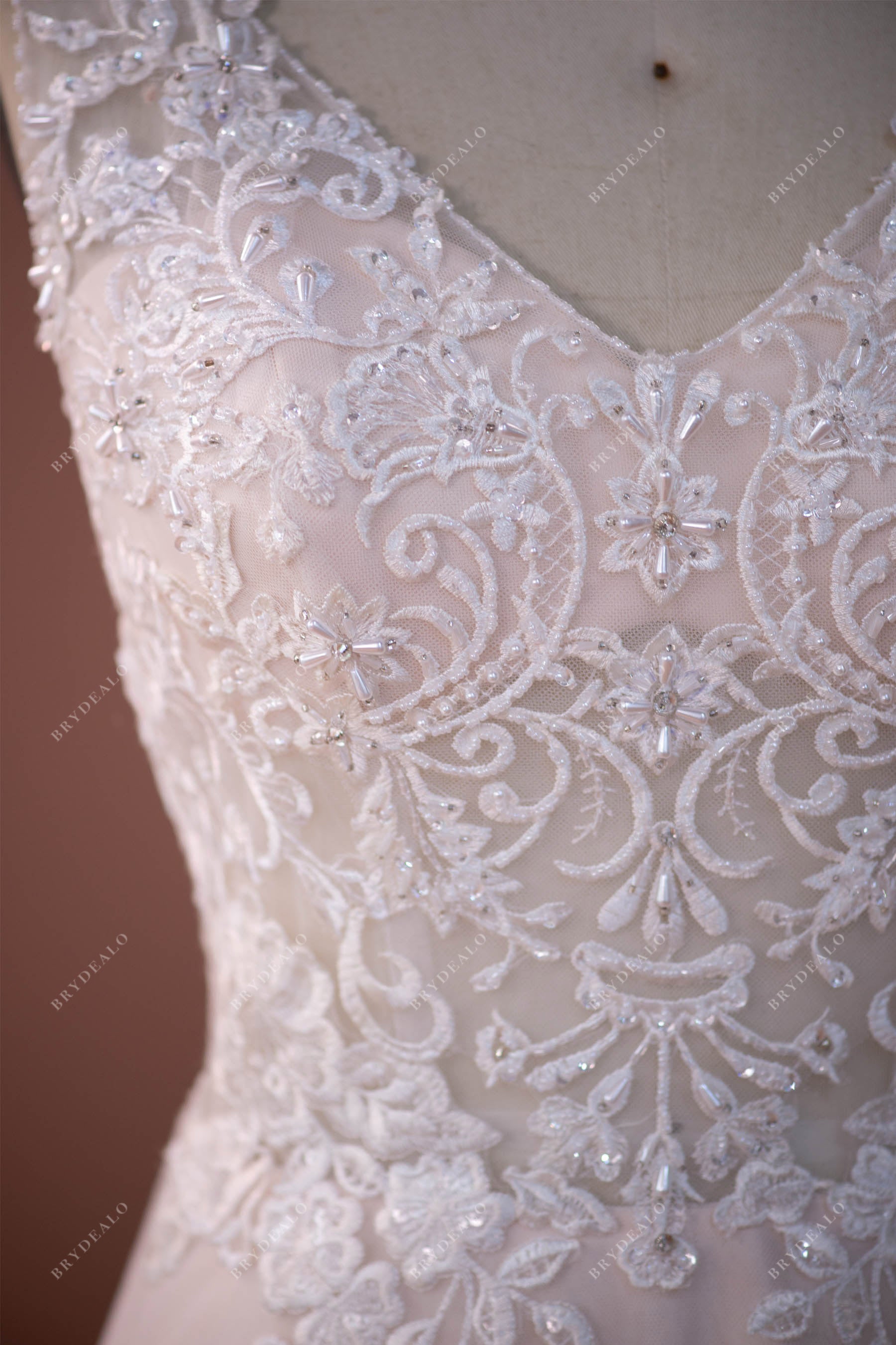 Beaded Lace V-neck Lace Wedding Gown