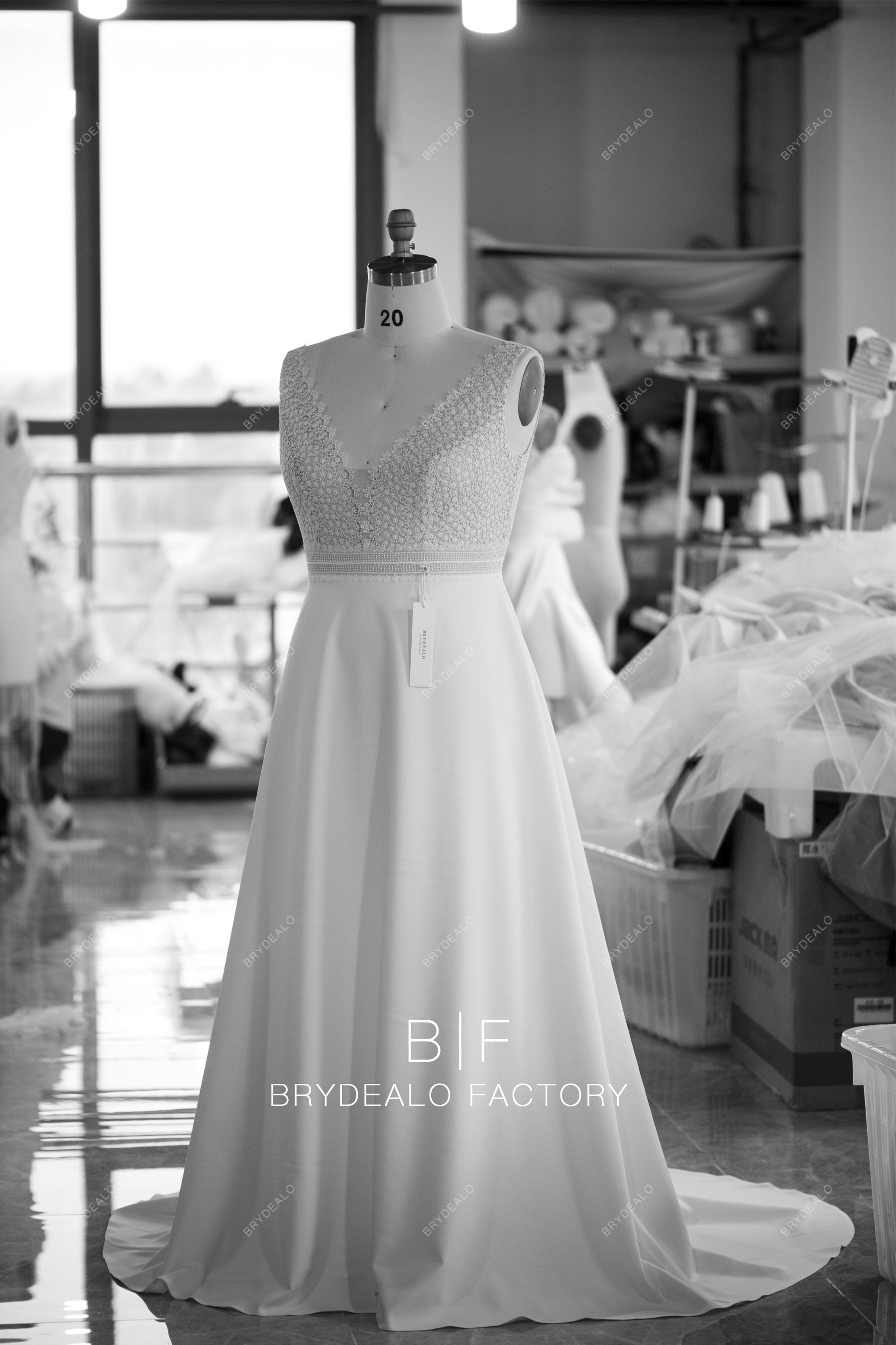 wholesale straps plunging lace crepe A-line wedding dress