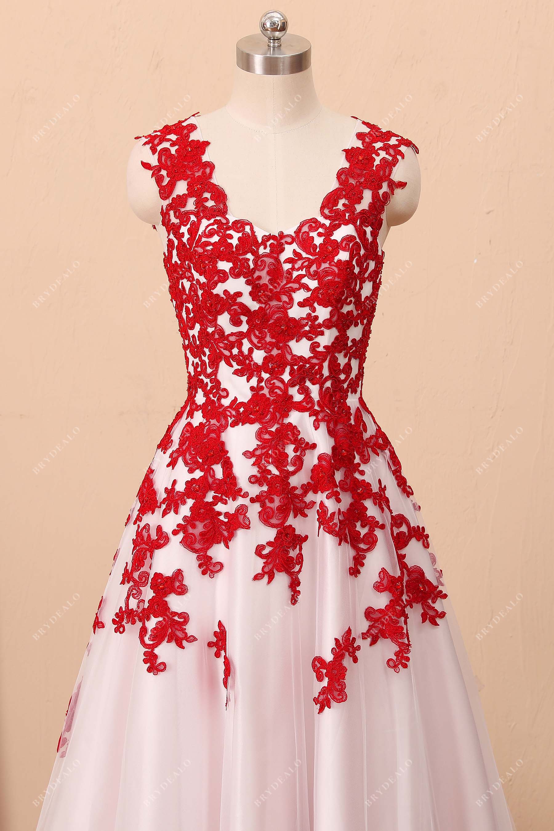 wide shoulder strap red lace overlaid ivory prom dress