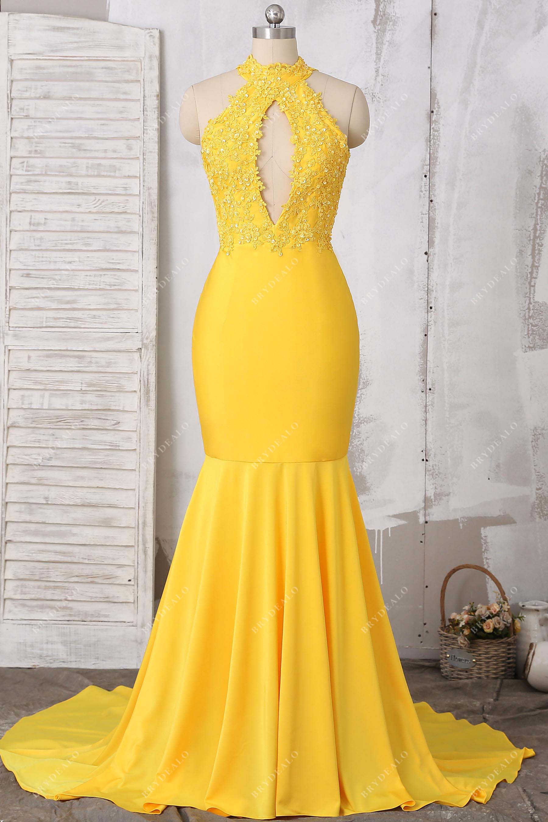 Yellow Sequin Lace Jersey Keyhole Prom Gown Yellow Sequin Lace Jersey Keyhole Prom Gown