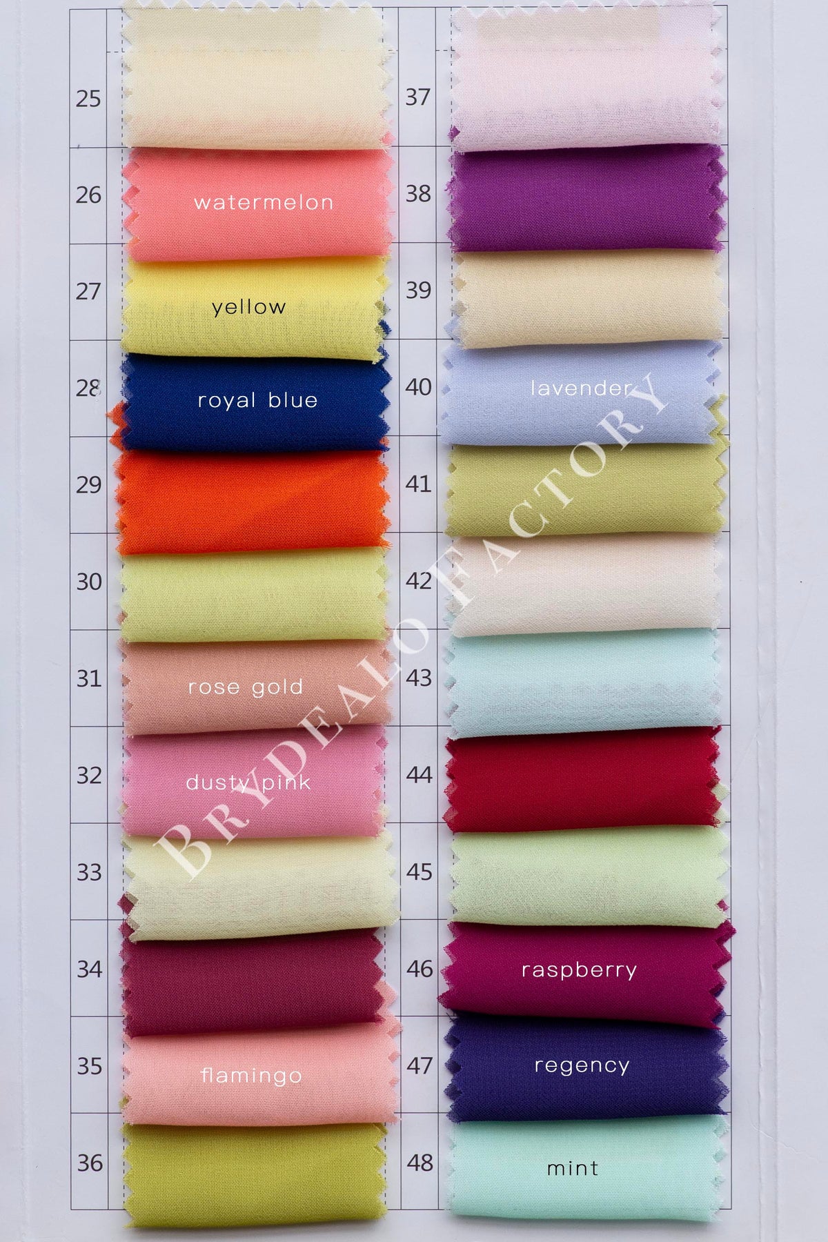 Flowy 100D Chiffon Fabric Color Chart | 160+ Colors