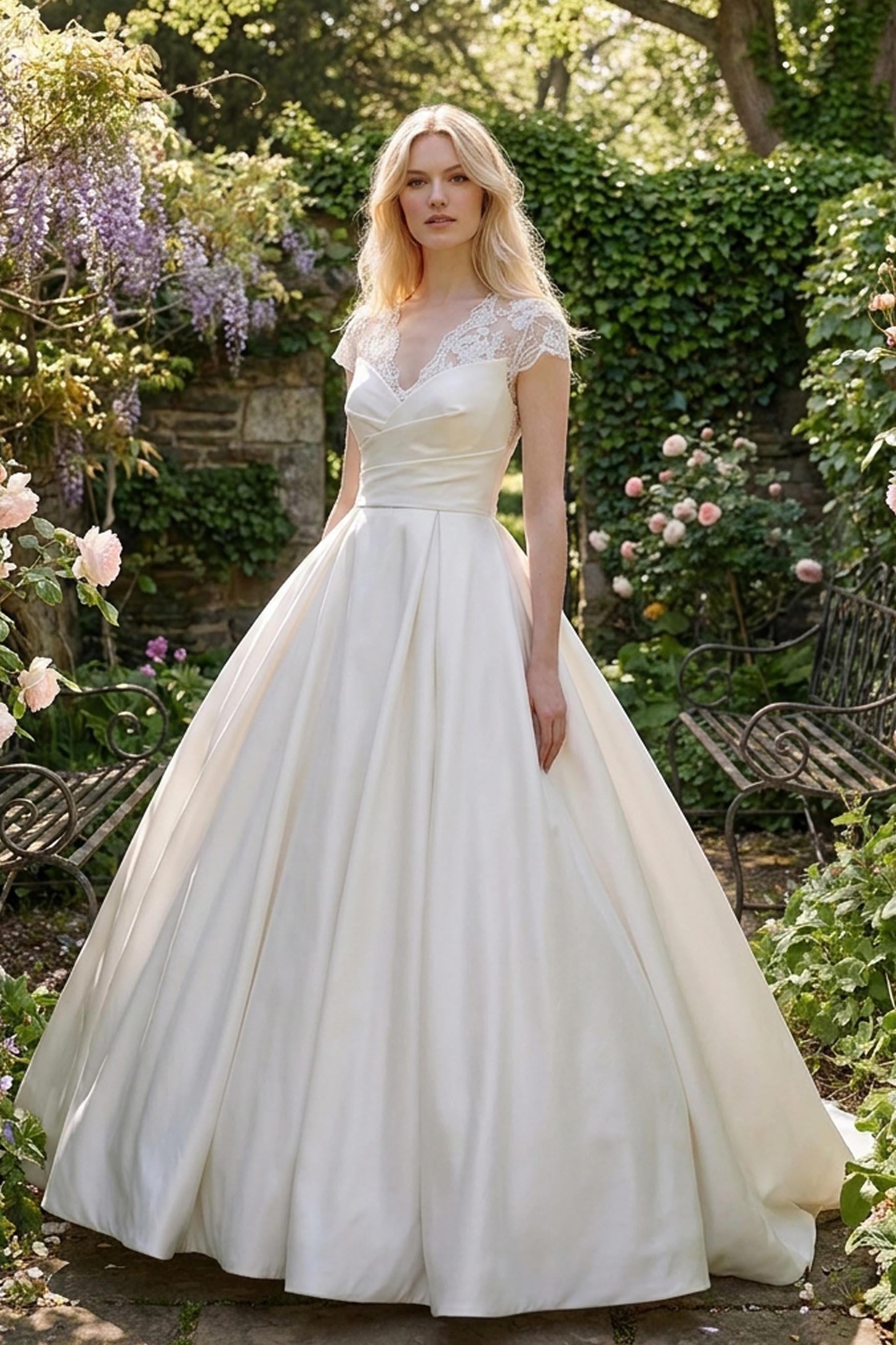 Scalloped Lace V-neck Satin Ballgown Wedding Dress