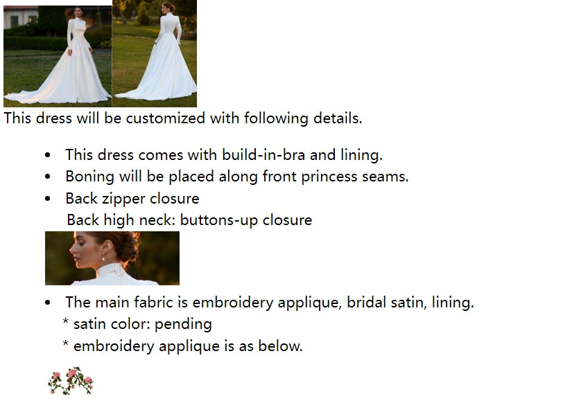 Private Label Custom Satin High Neck Embroidery Wedding Dress