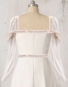 Custom Chiffon Beaded Neck Long Sleeve A-line Bridal Dress