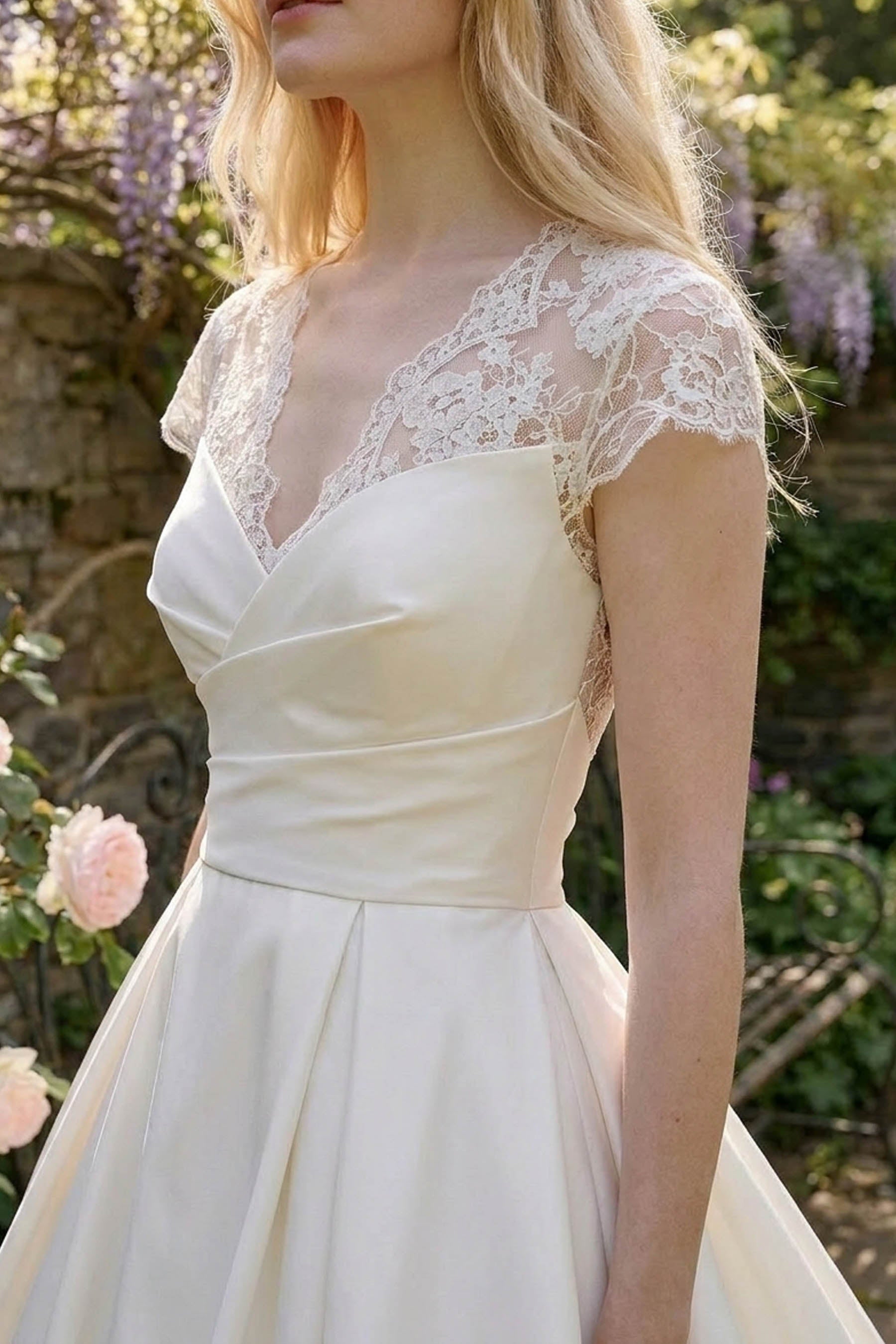 Scalloped Lace V-neck Satin Ballgown Wedding Dress