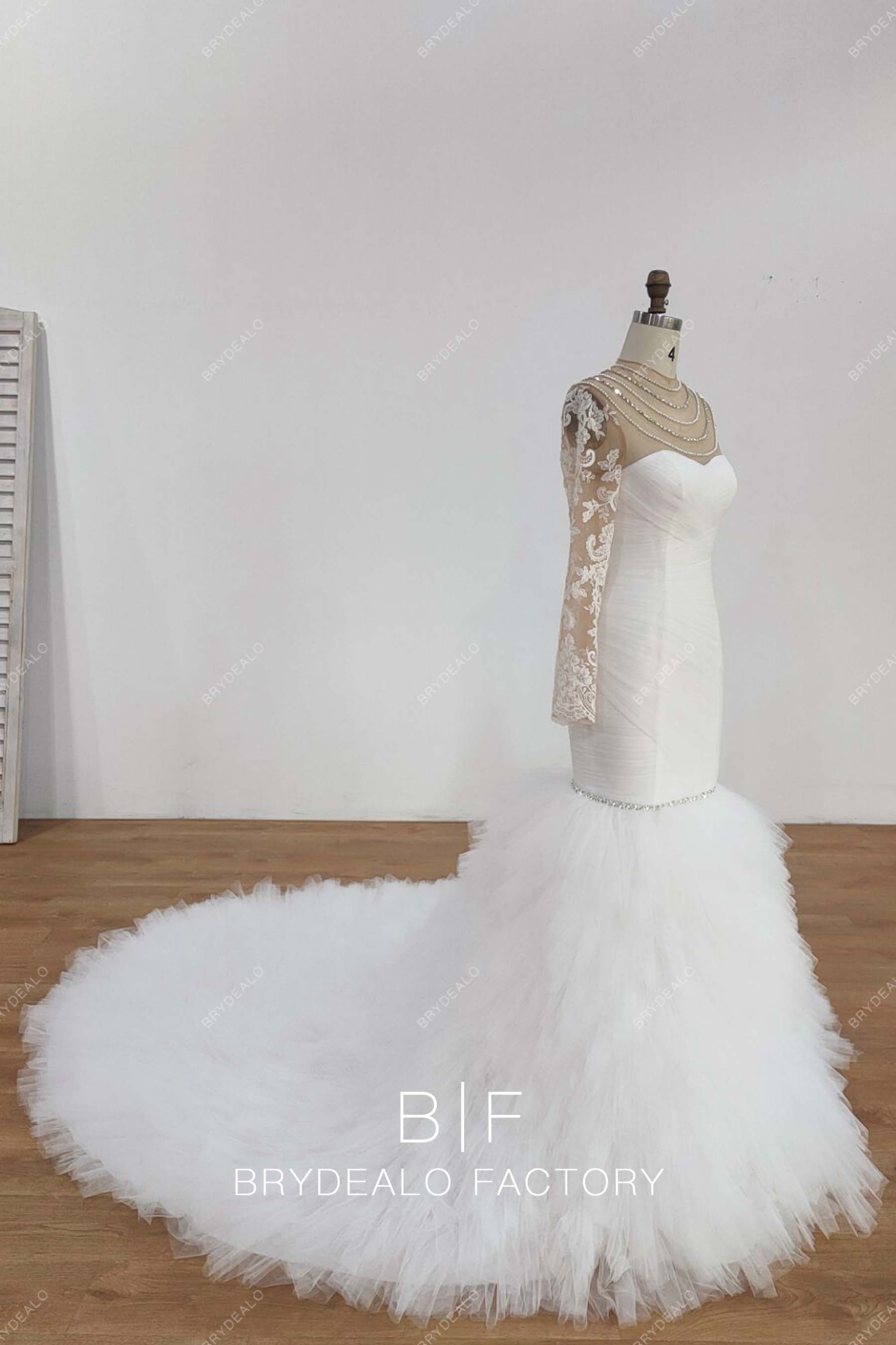 sheer long sleeves long train trumpet wedding gown