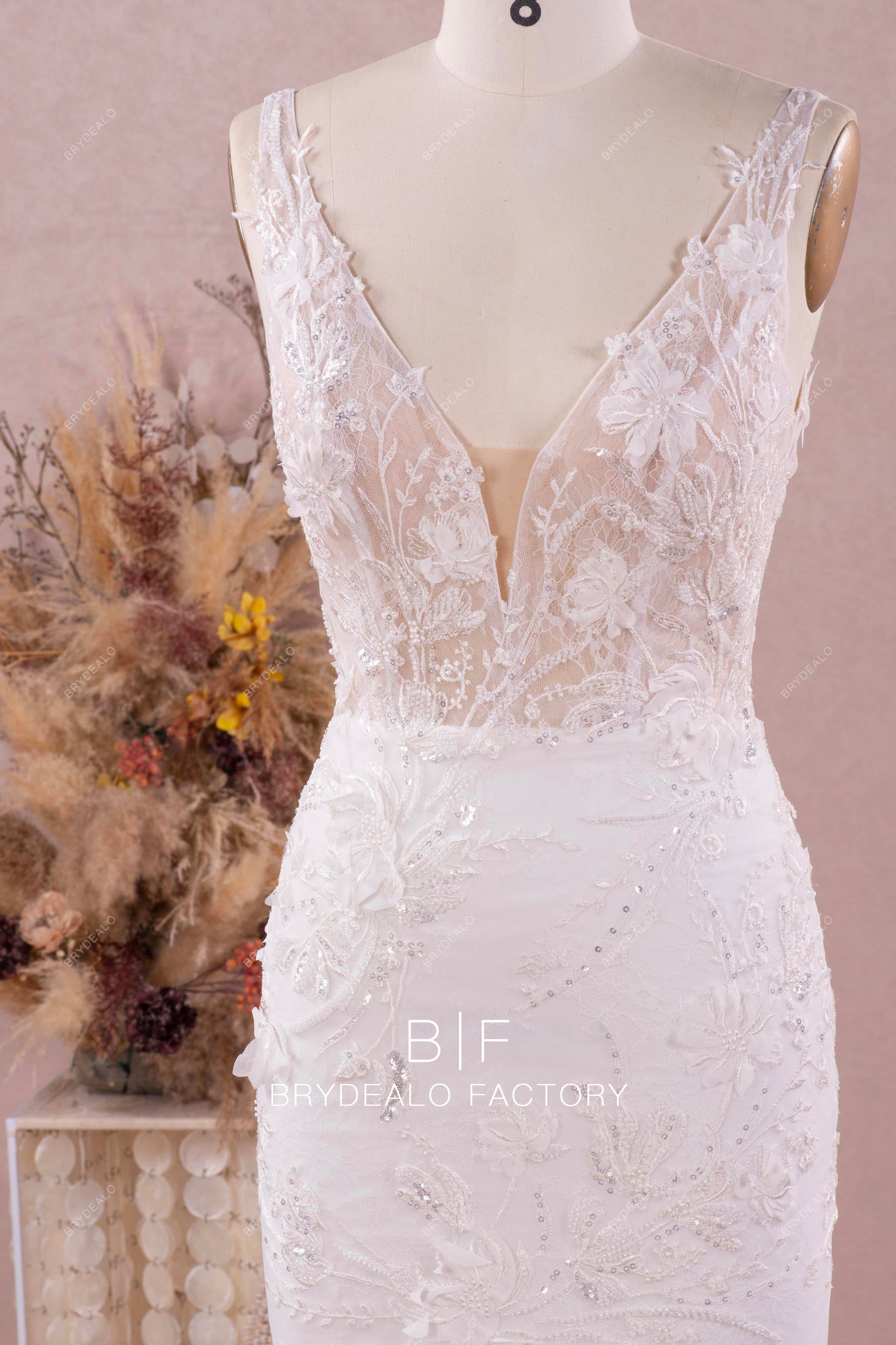 3D flower beaded plunging wedding dress