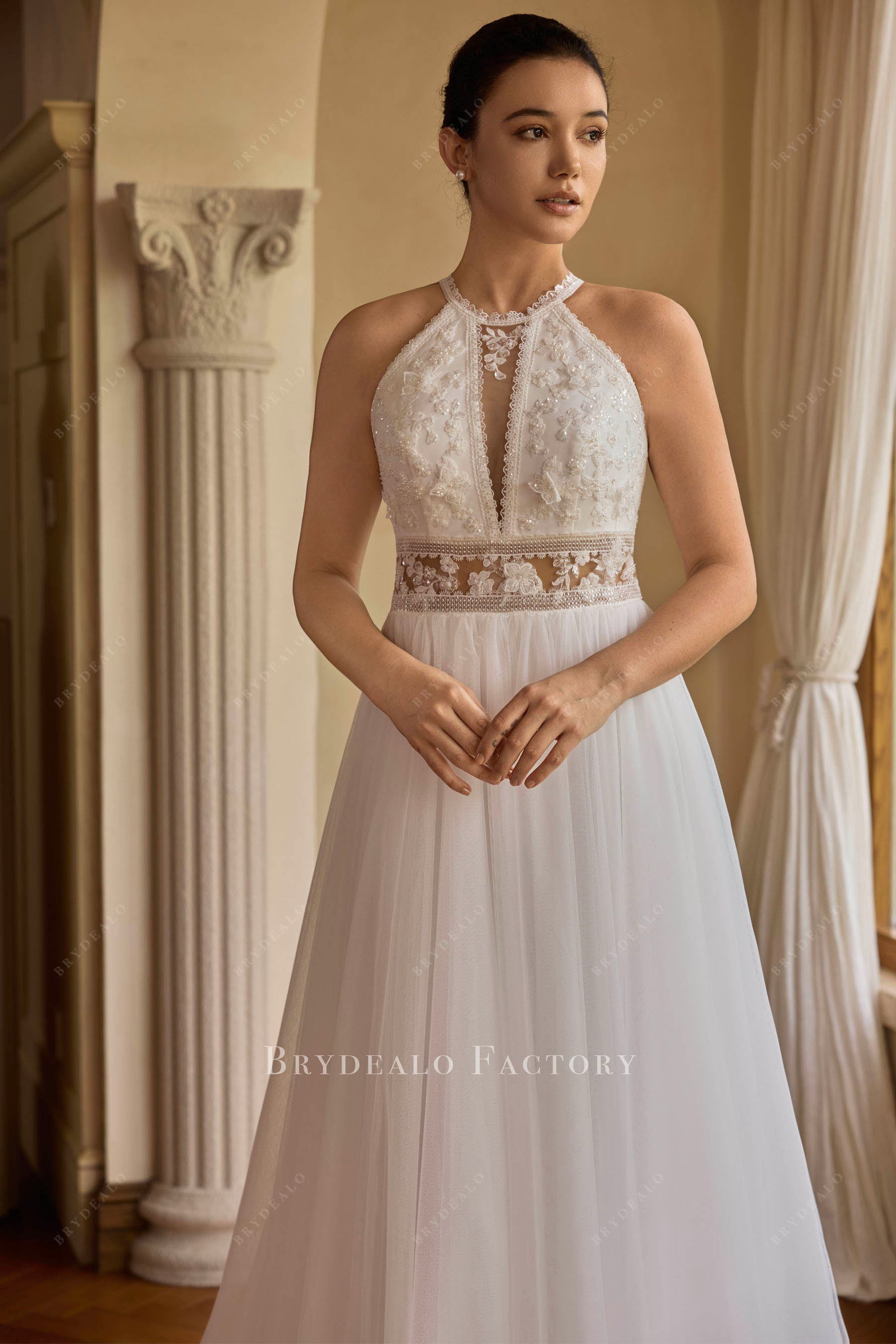3D flower lace halter boho wedding dress