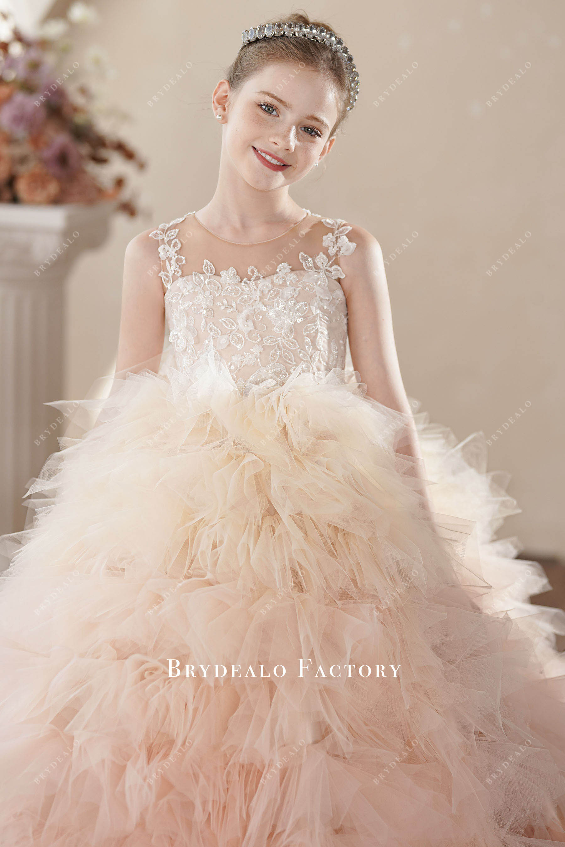 3D flower lace pink flower girl dress