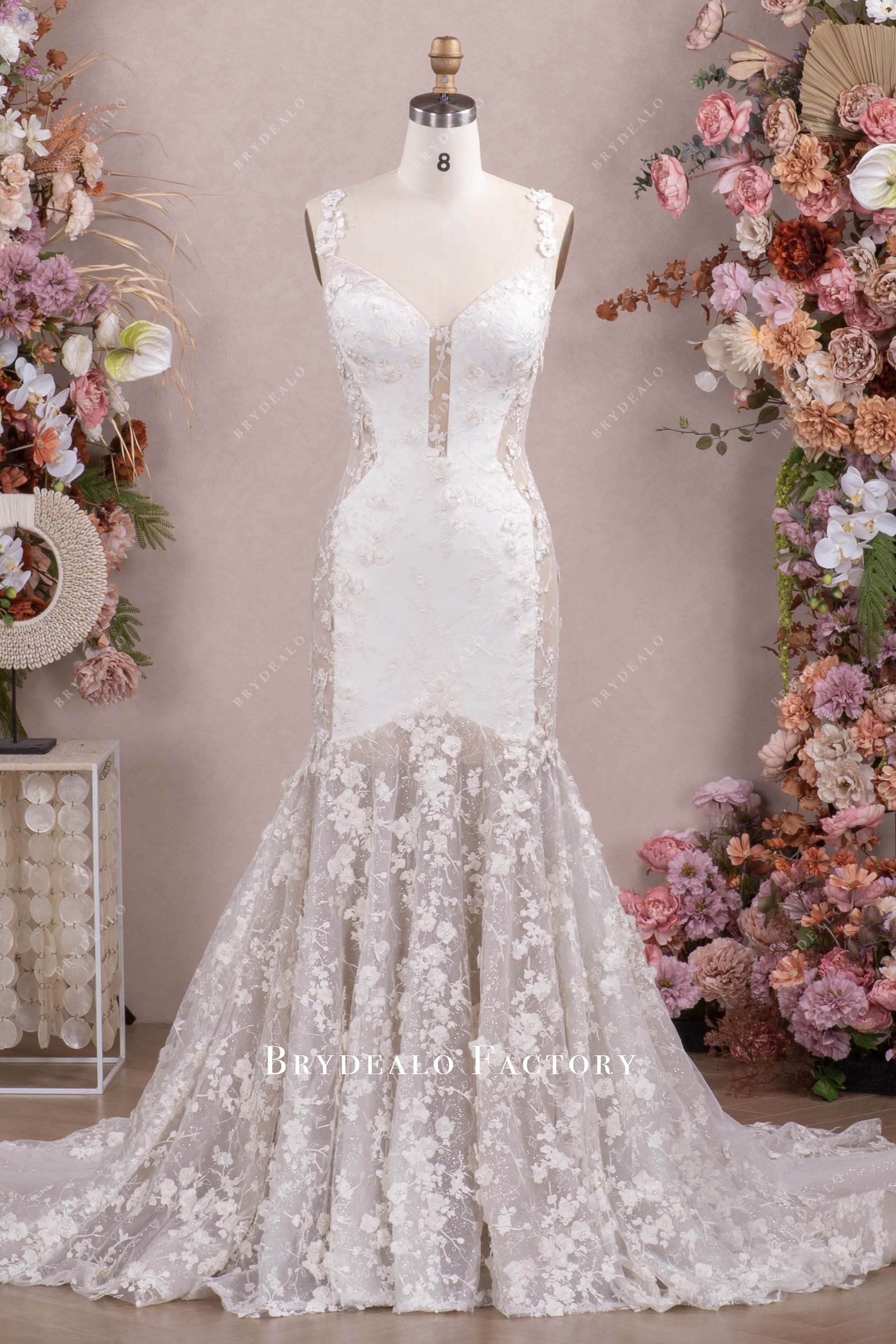 3D flower lace two-tone mermaid wedding dress