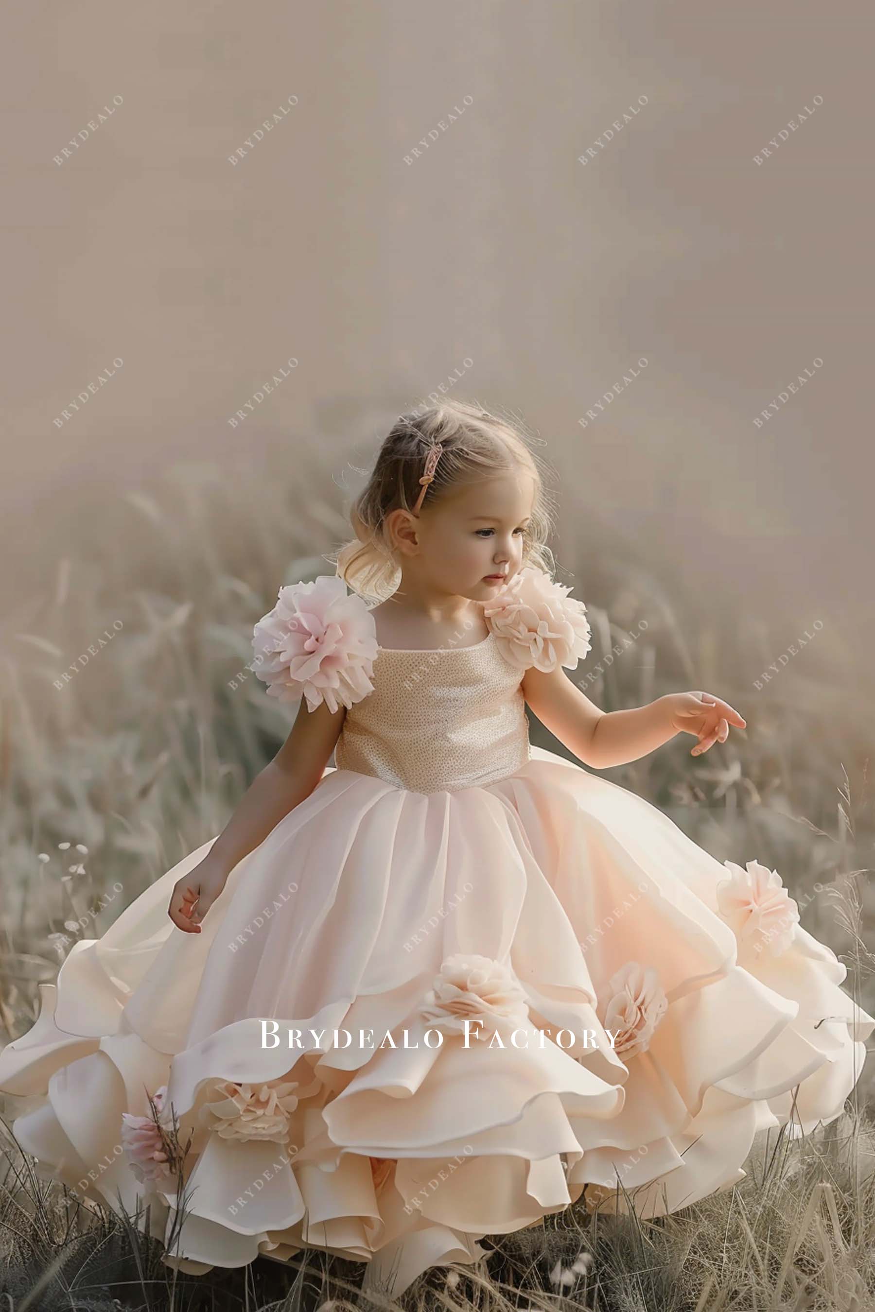 Handmade 3D Flowers Layered Ball Gown Little Girl Dress