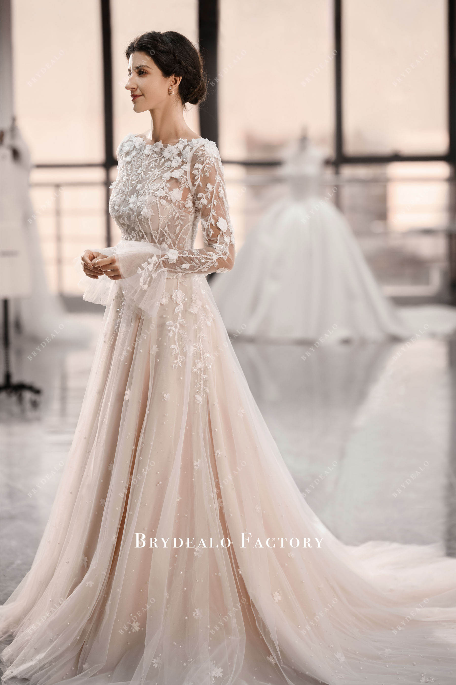 Sample Sale | Beaded Flower Lace Robe Pearl Wedding Dress - Nude Beige / US 8/UK 10/EU 38 Sample Sale | Beaded Flower Lace Robe Pearl Wedding Dress - Nude Beige / US 8/UK 10/EU 38