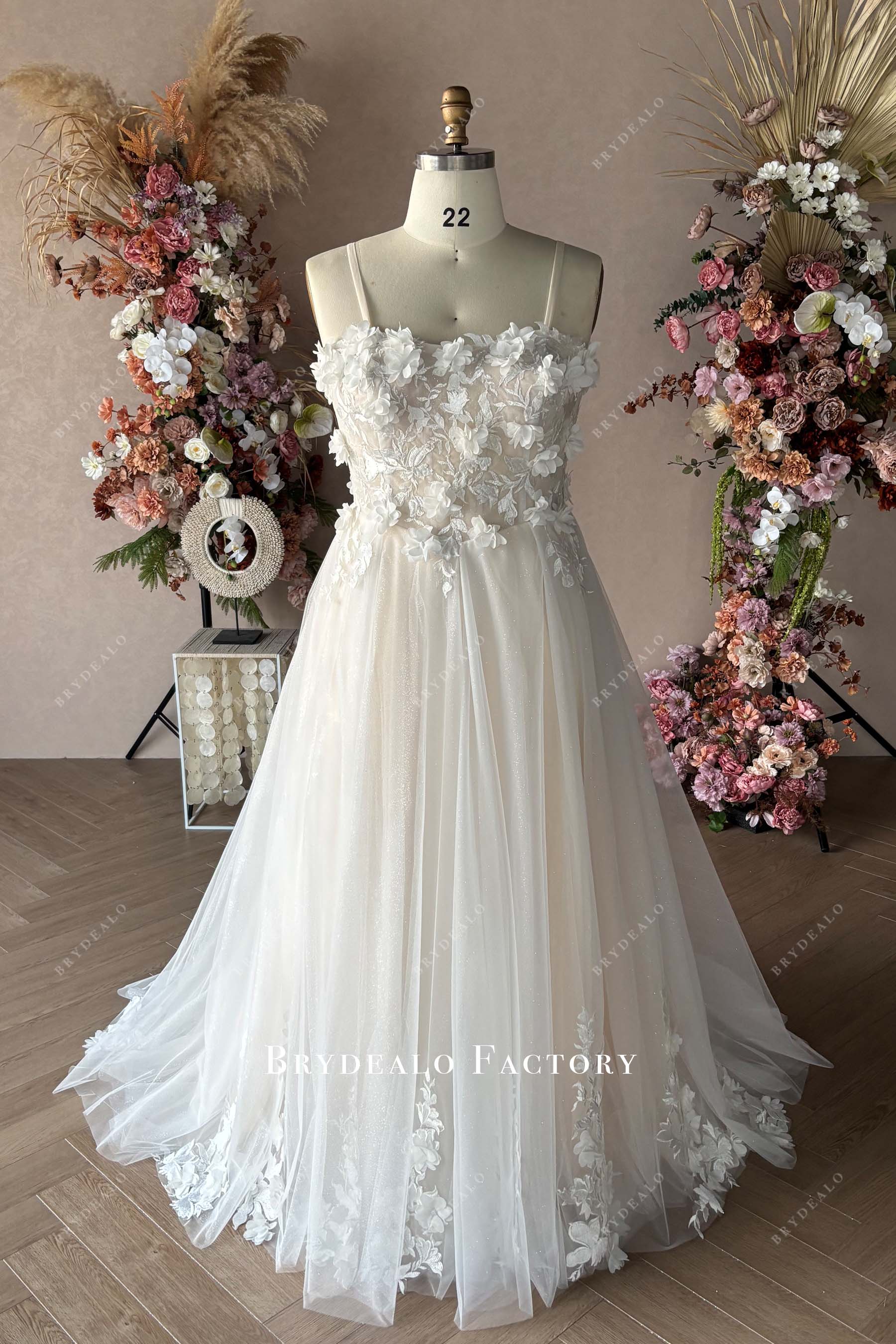 3D flowers champagne custom wedding dress