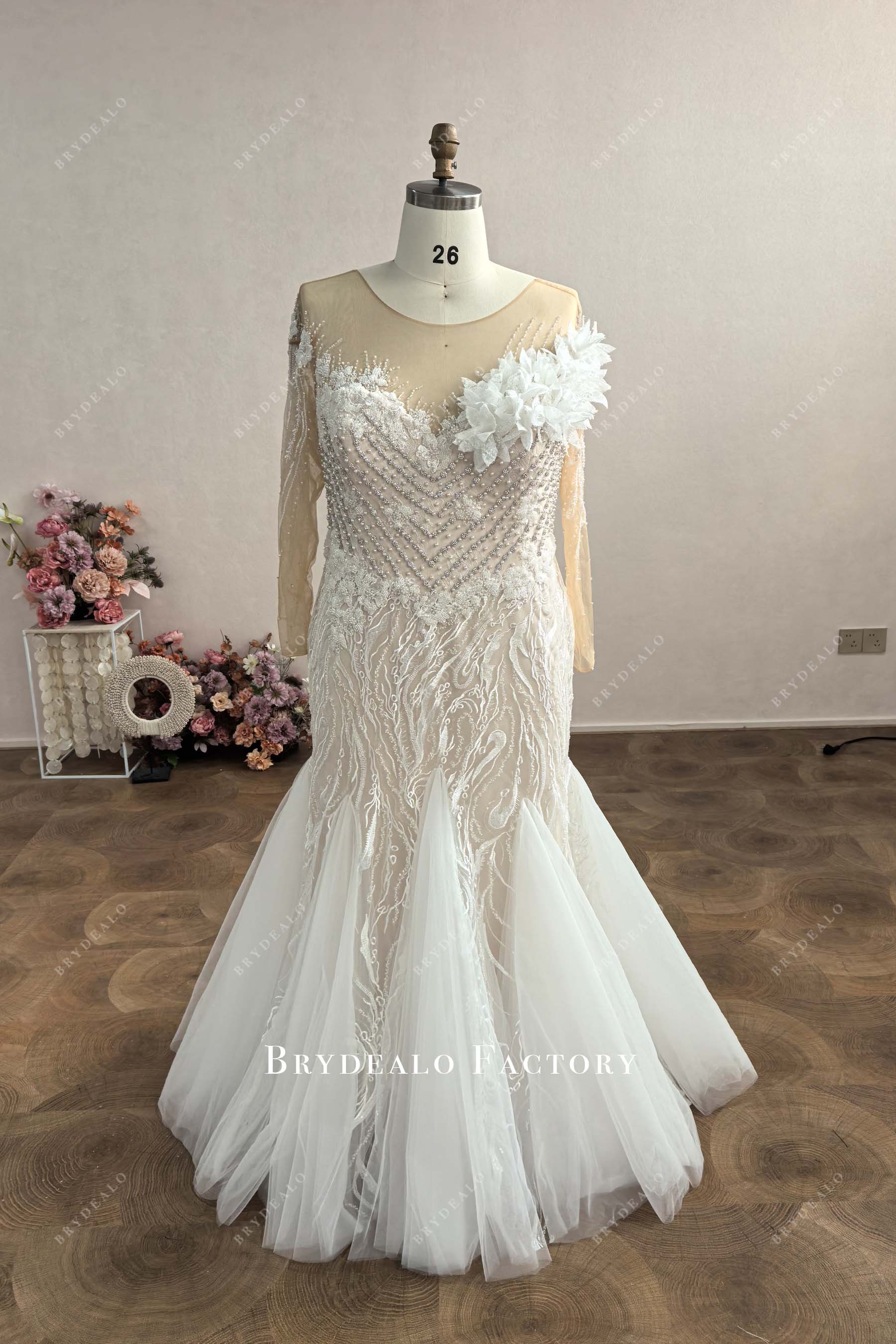 3D flowers illusion neck trumpet wedding gown
